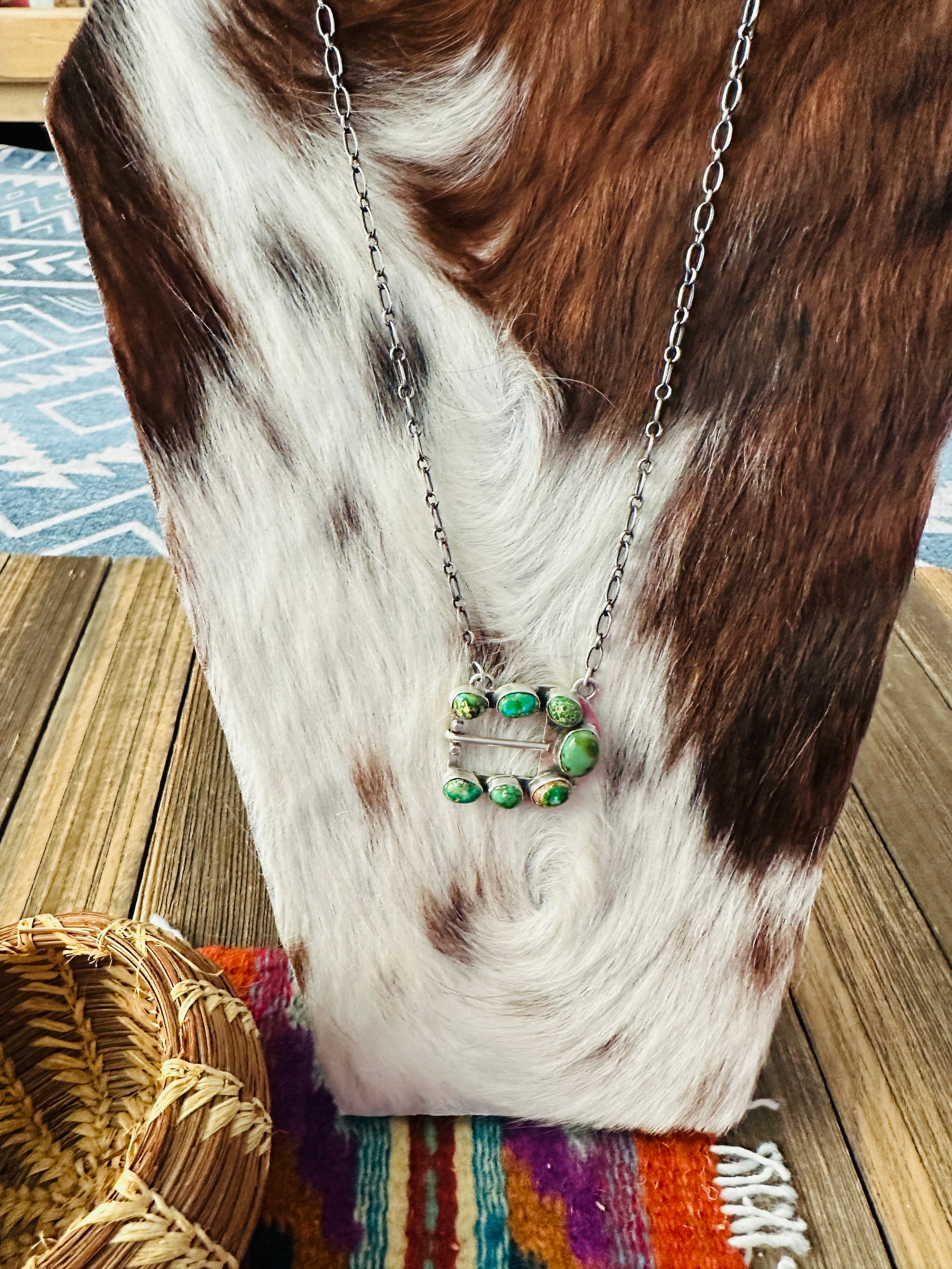 Handcrafted Sonoran Mountain Turquoise & Sterling Silver Belt Buckle Necklace by Russell Sam