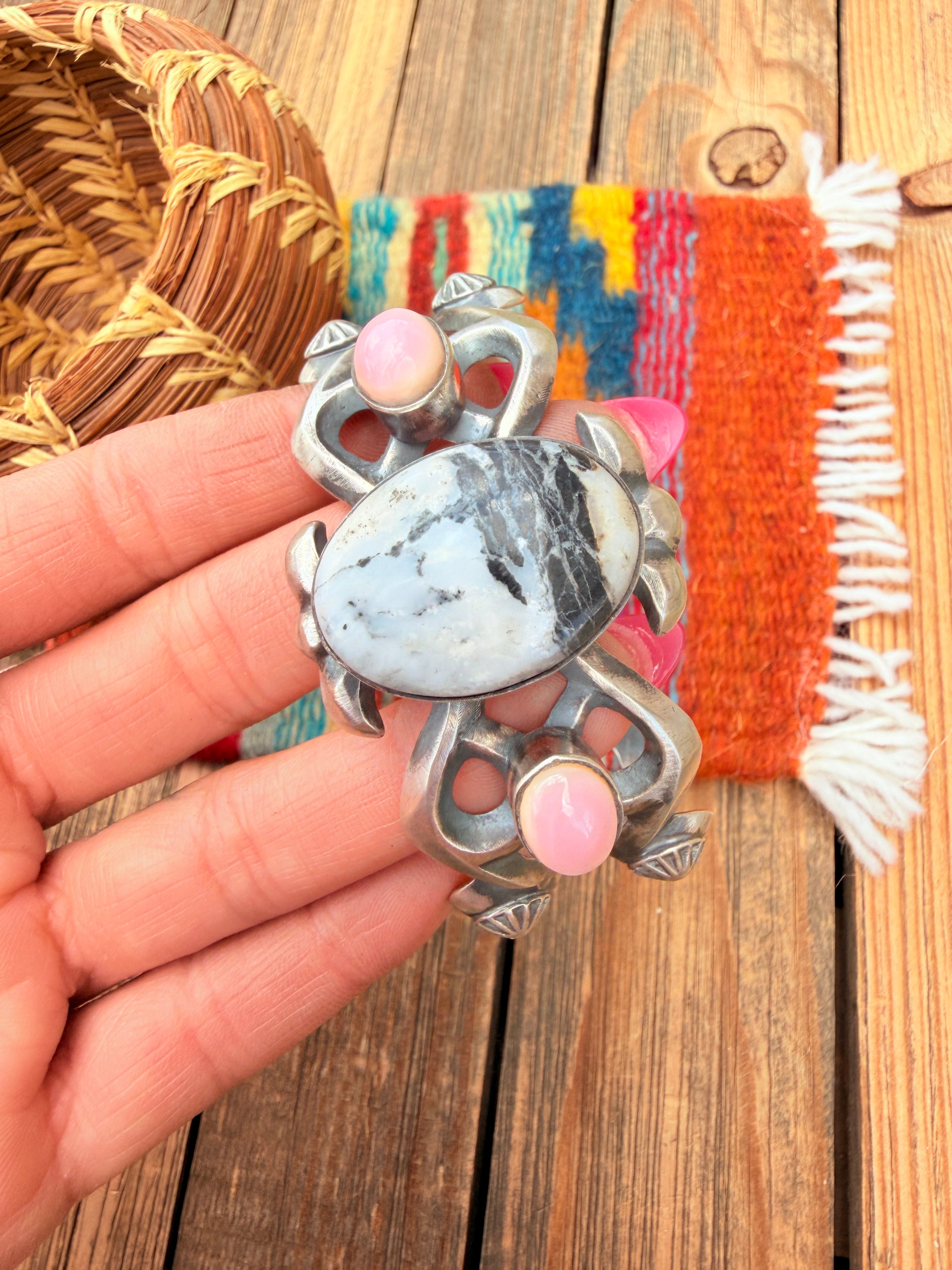 Handcrafted White Buffalo, Queen Pink & Sterling Silver Cuff Bracelet By Chimney Butte