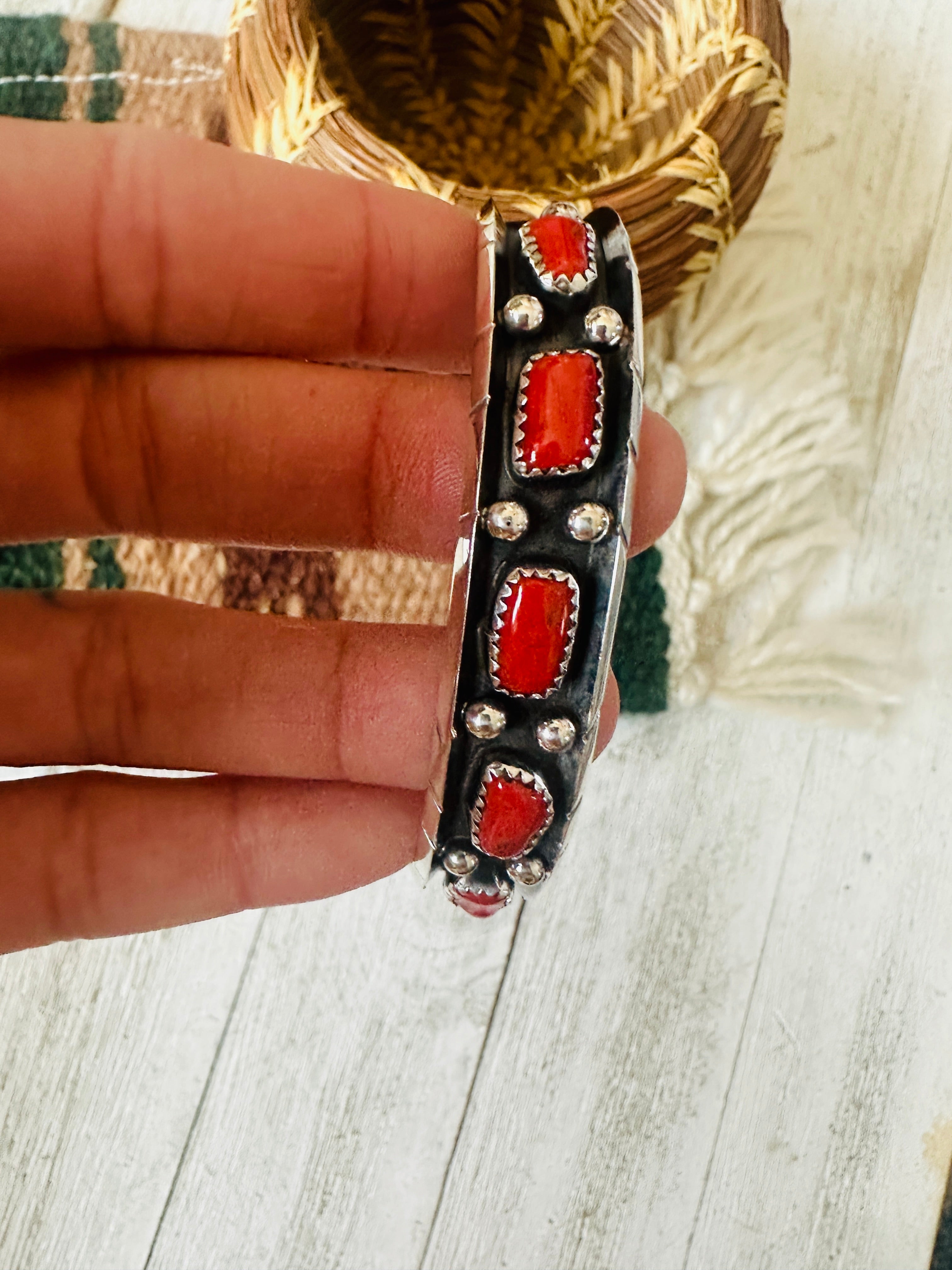 Navajo Coral & Sterling Silver Cuff Bracelet