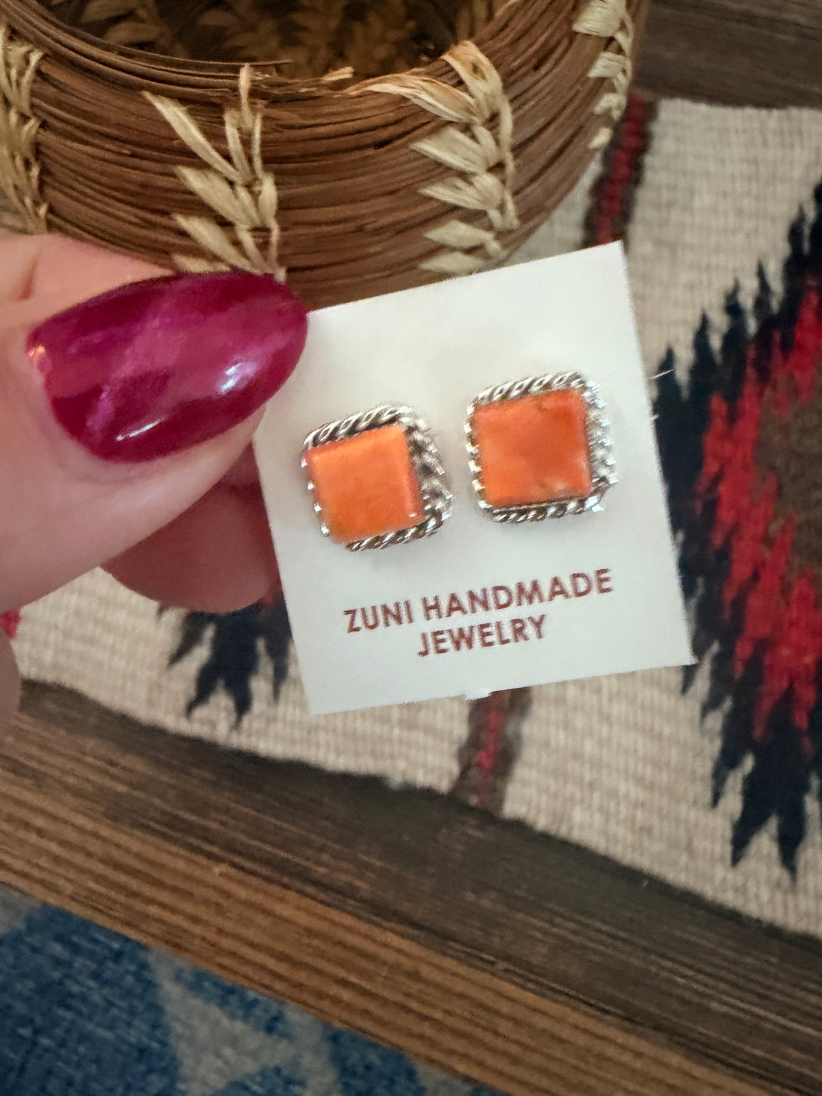 Handcrafted Orange Spiny & Sterling Silver Stud Earrings