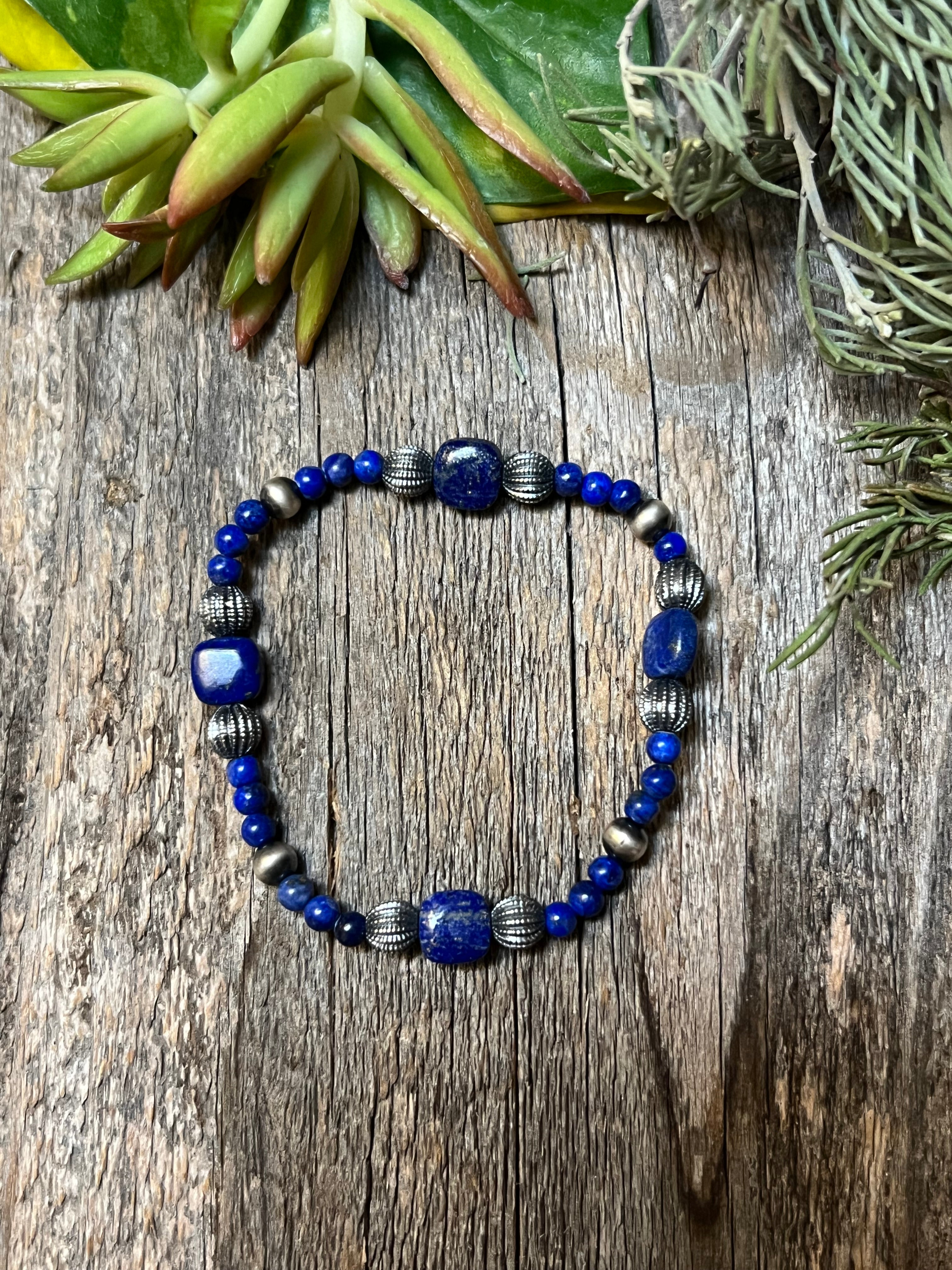 Handmade Lapis & Sterling Silver Beaded Bracelet