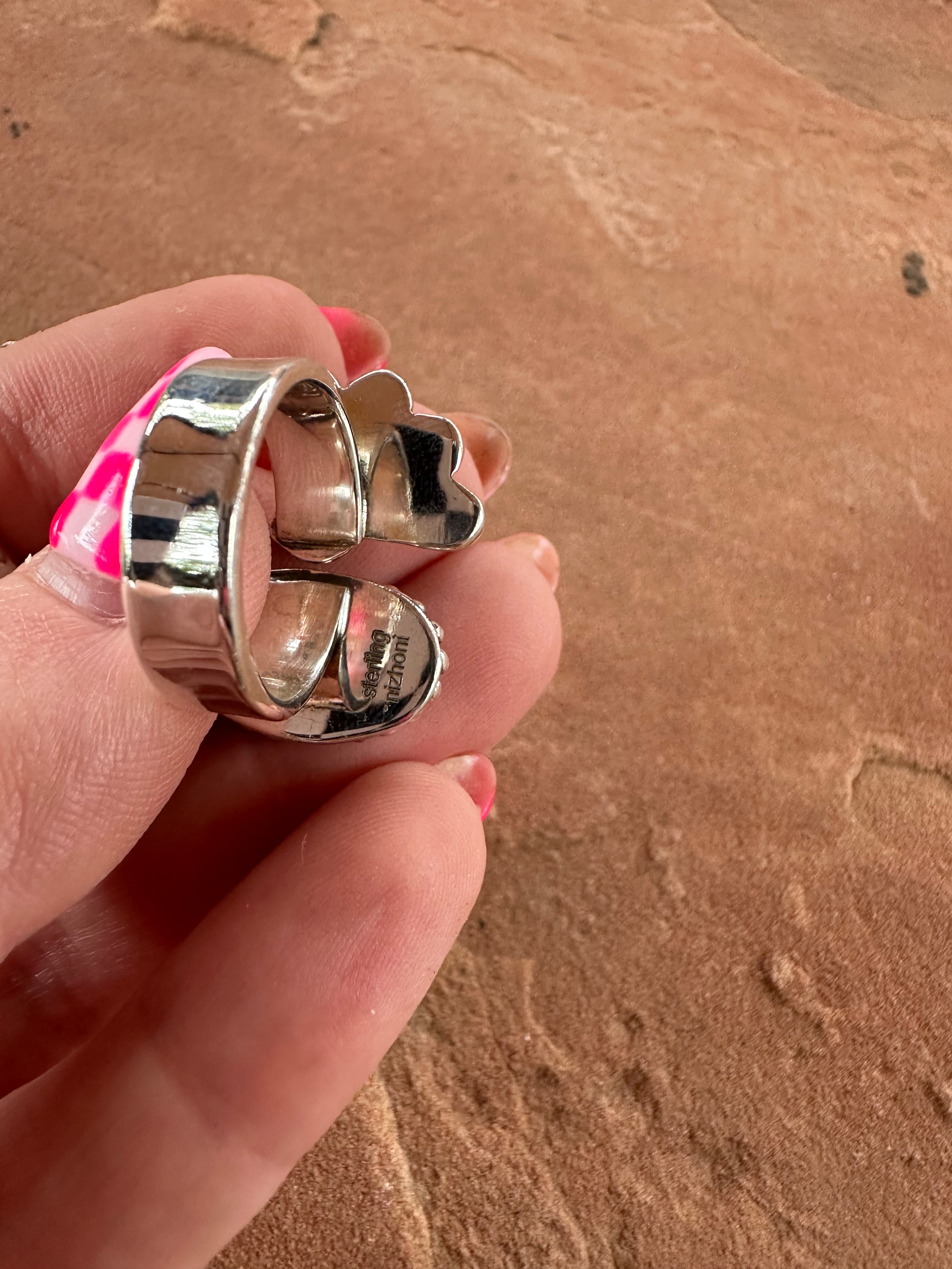 Beautiful Handmade Sonoran Mountain Turquoise And Sterling Silver Adjustable Flower Ring