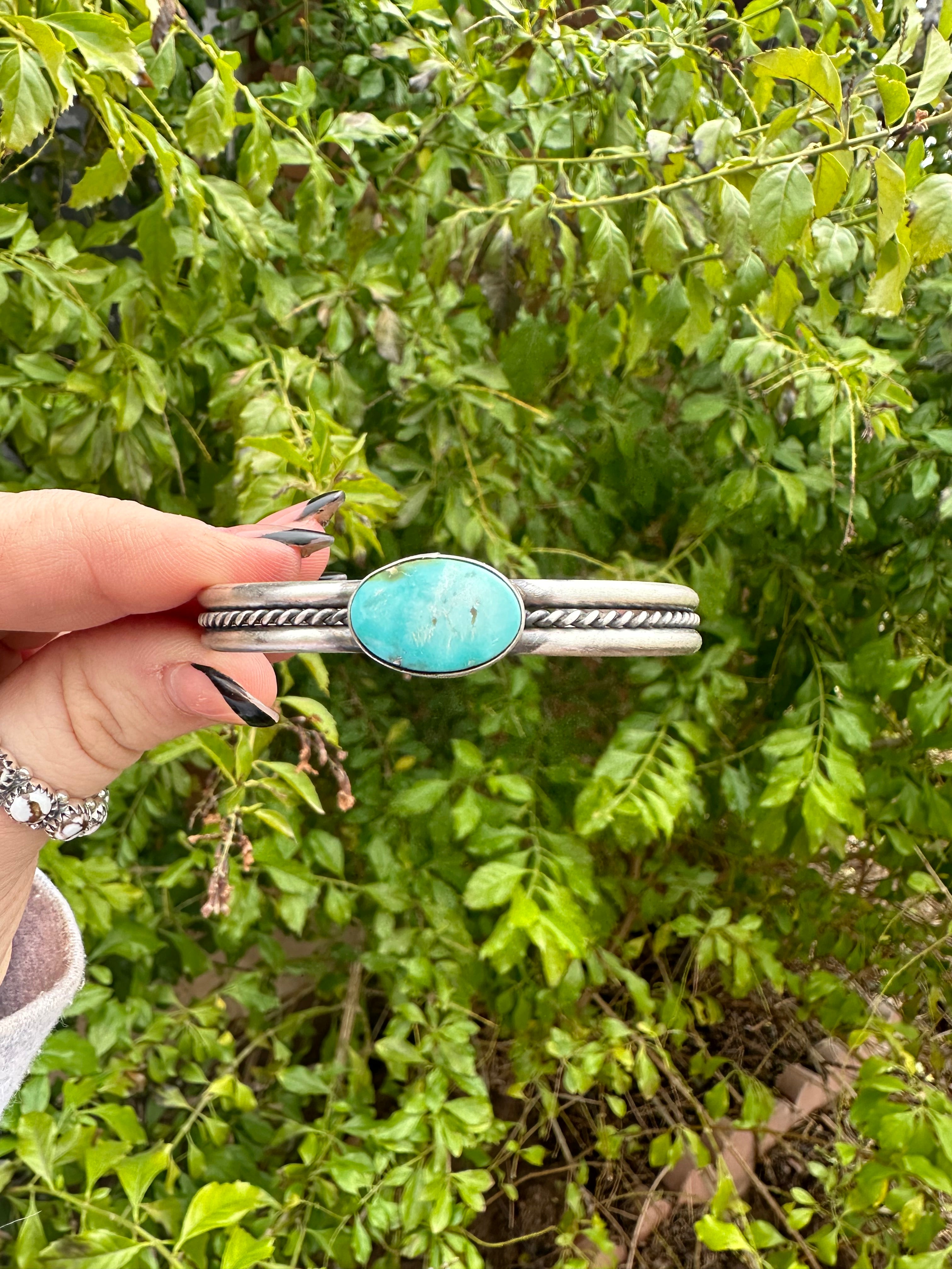 Navajo Single Stone Turquoise And Sterling Silver Adjustable Cuff Bracelet