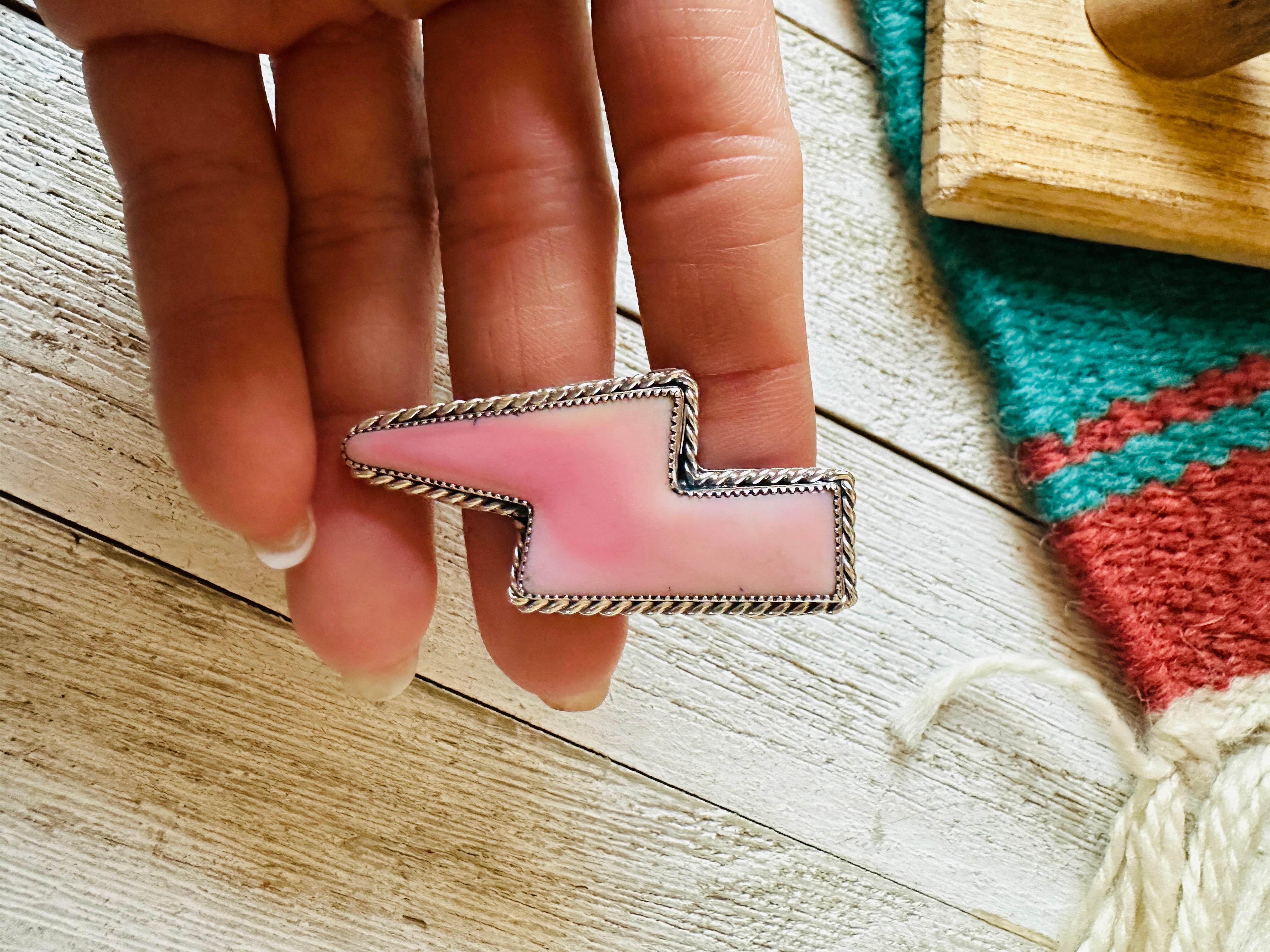 Navajo Sterling Silver & Queen Pink Conch Lightning Bolt Adjustable Ring