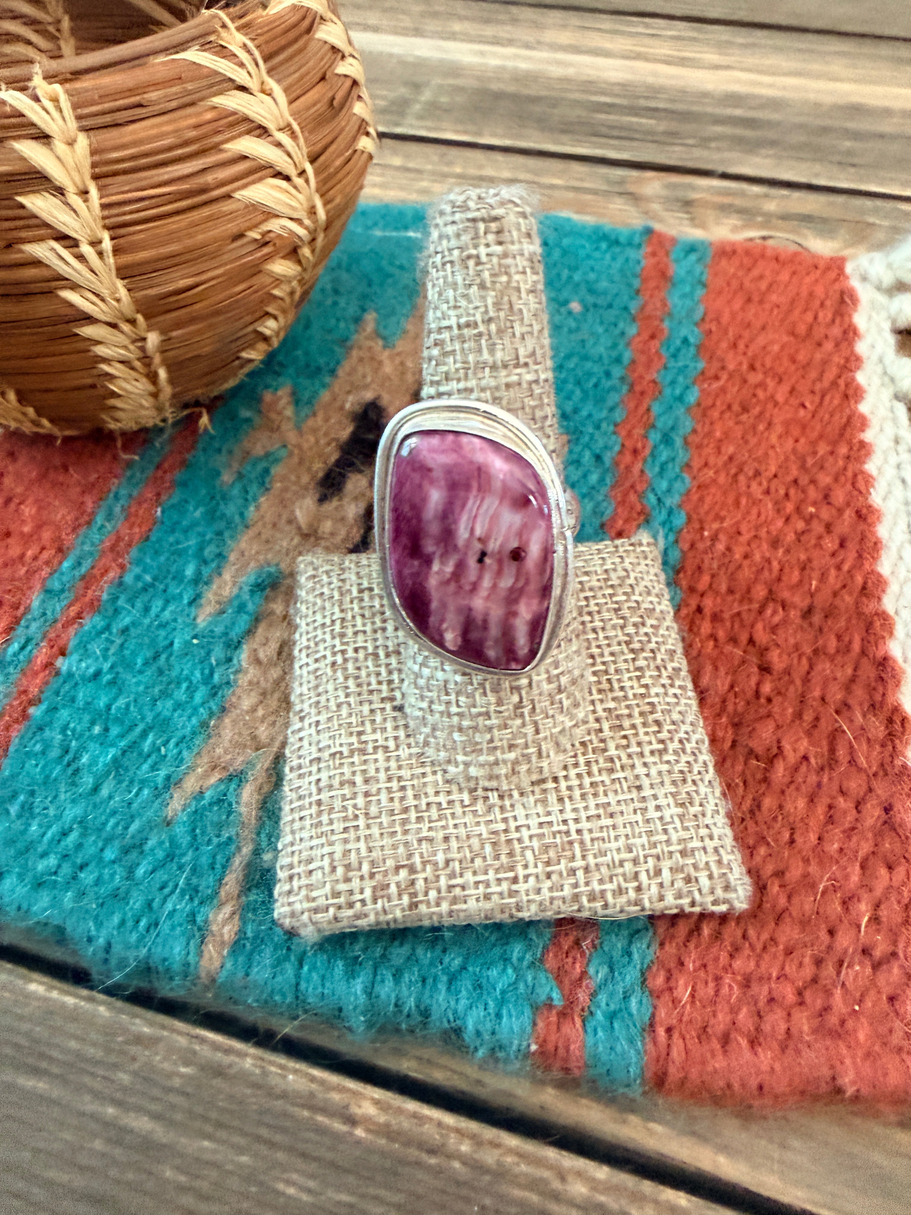 Handmade Sterling Silver & Purple Spiny Adjustable Ring