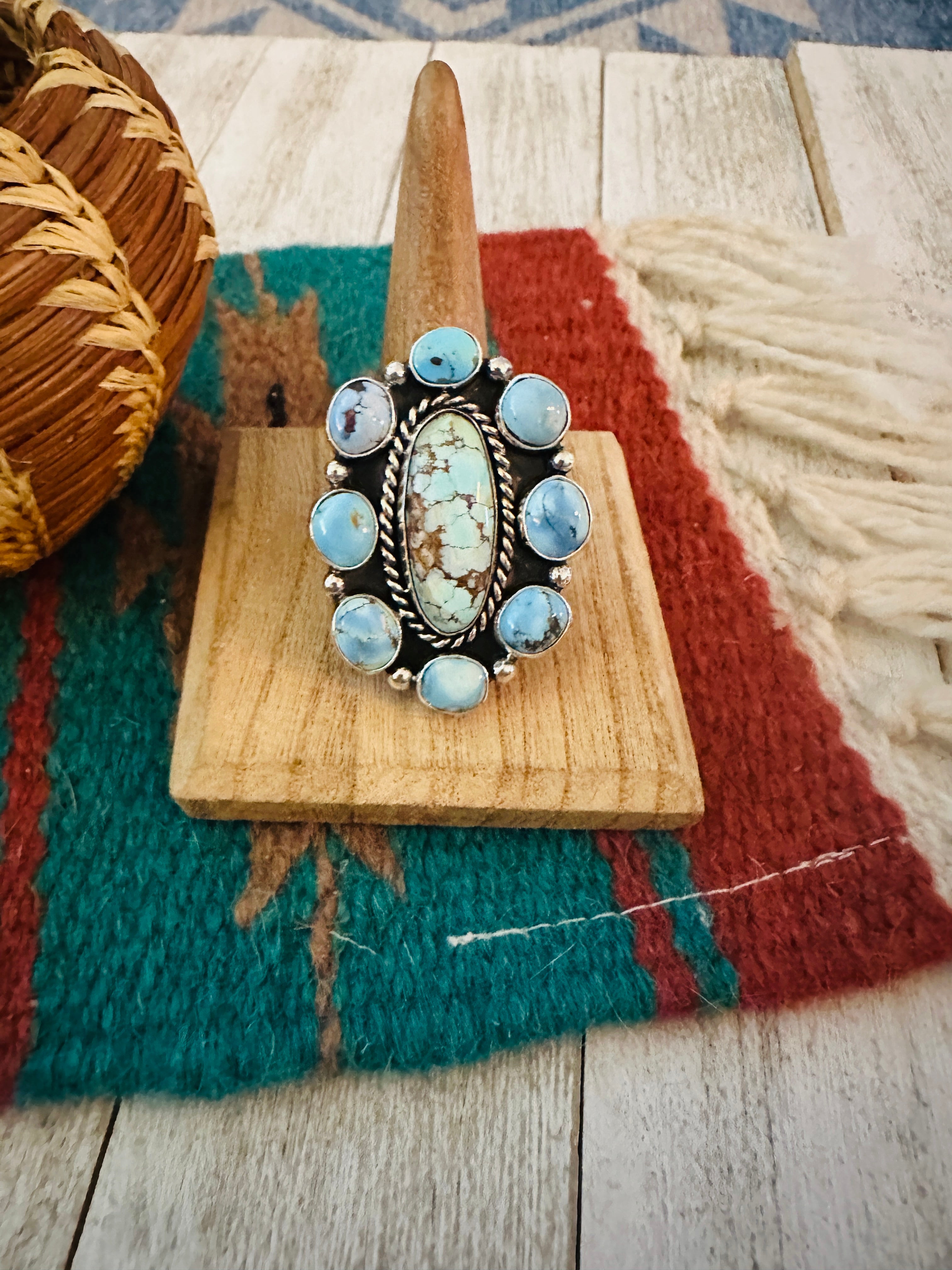 Navajo Sterling Silver & Golden Hills Turquoise Cluster Adjustable Ring