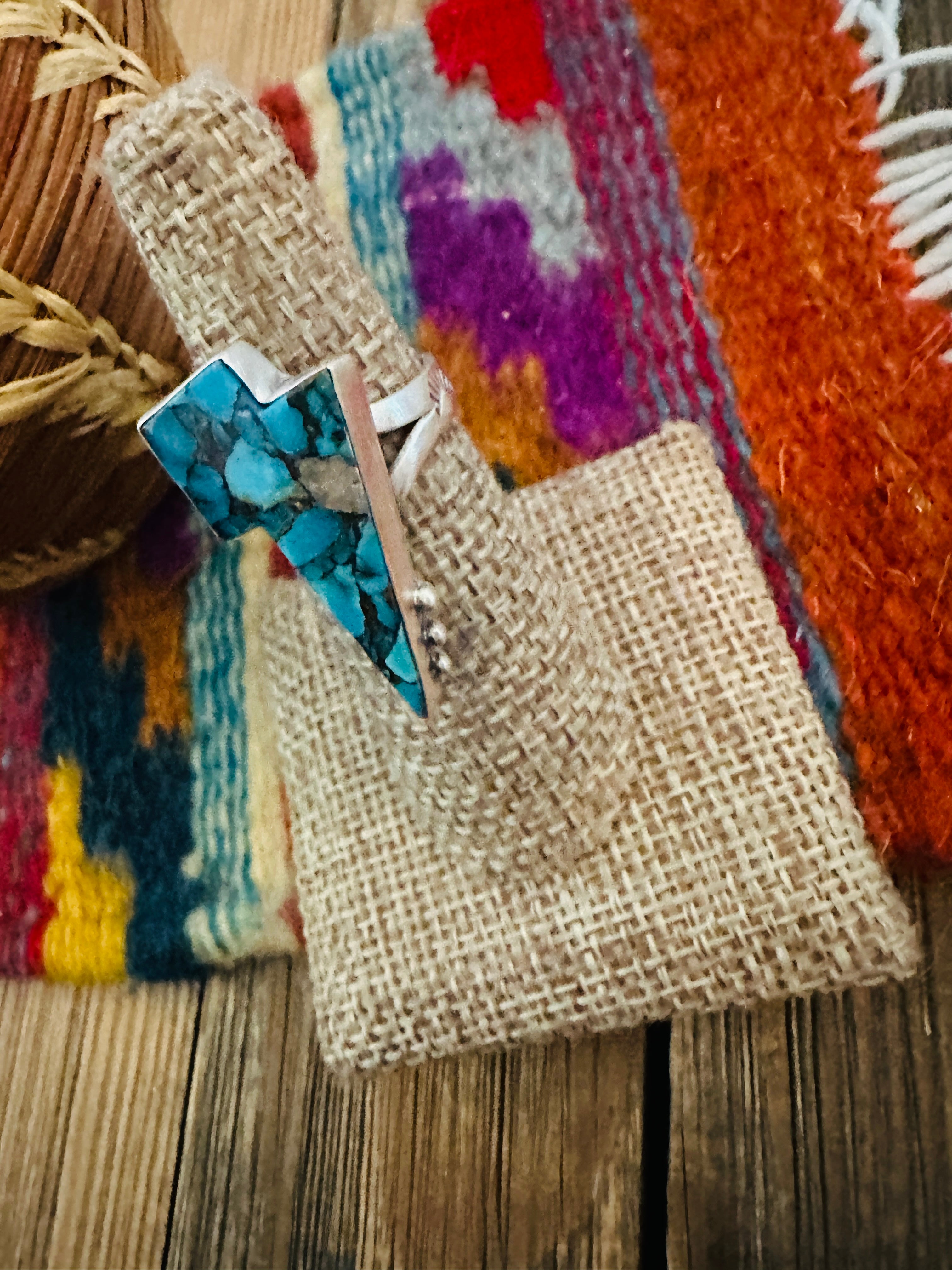 Handcrafted Turquoise & Sterling Silver Lightning Bolt Adjustable Ring