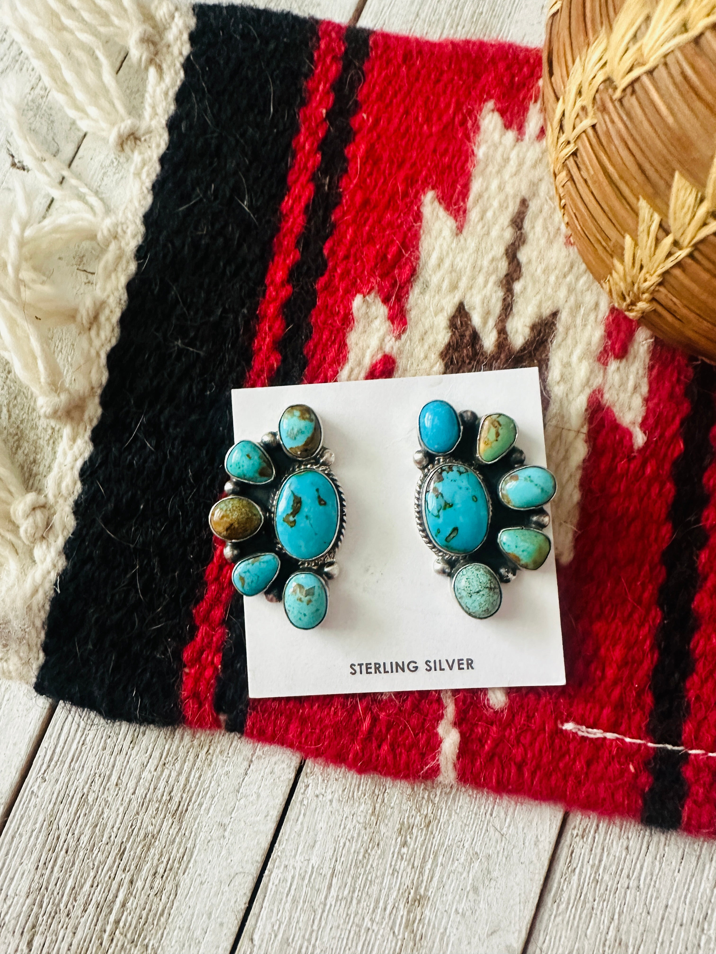 Navajo Sterling Silver & Turquoise Cluster Post Earrings