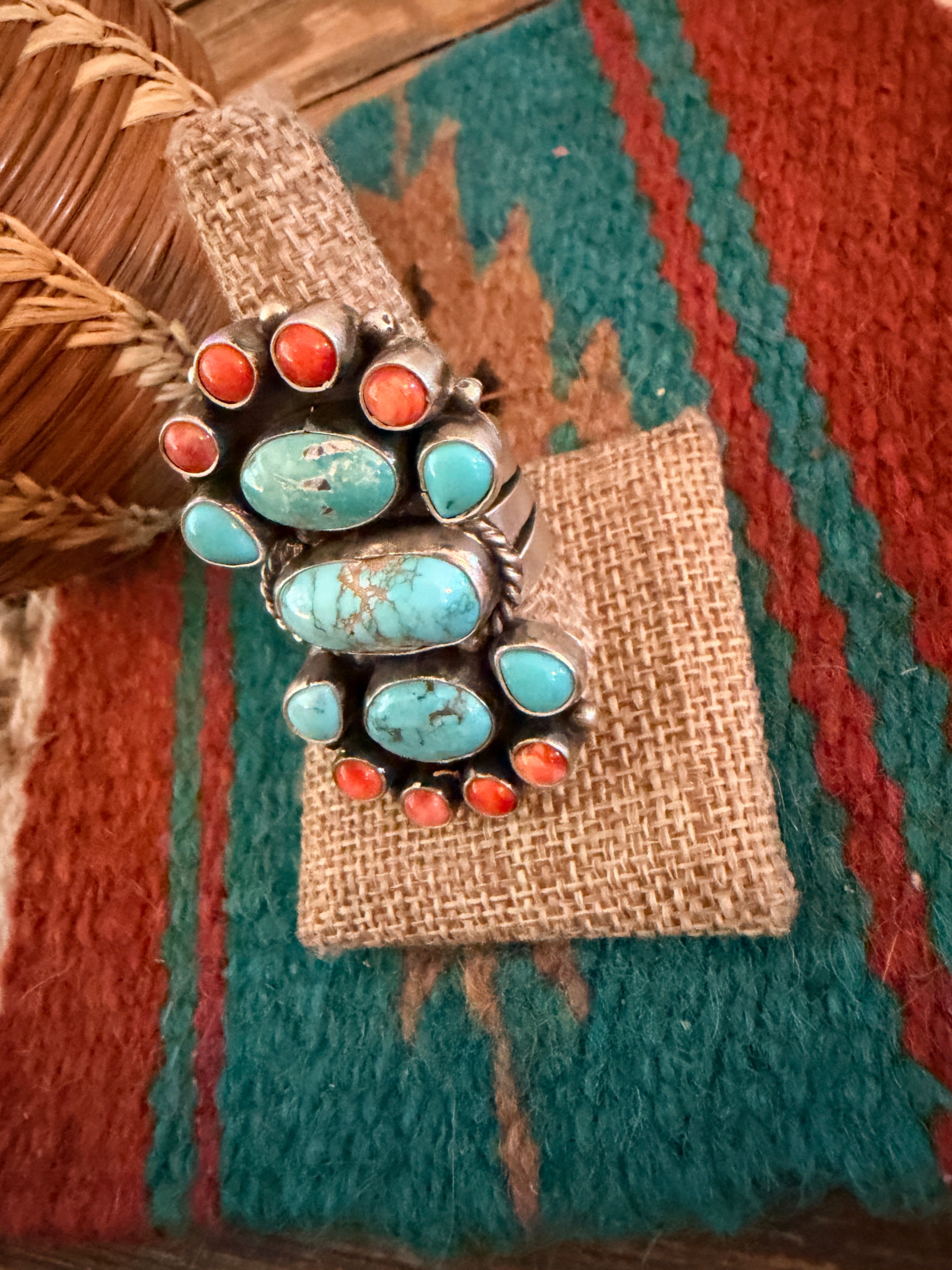 Handcrafted Spiny Oyster, Turquoise & Sterling Silver Cluster Ring by Sheila Becenti Size 9.5