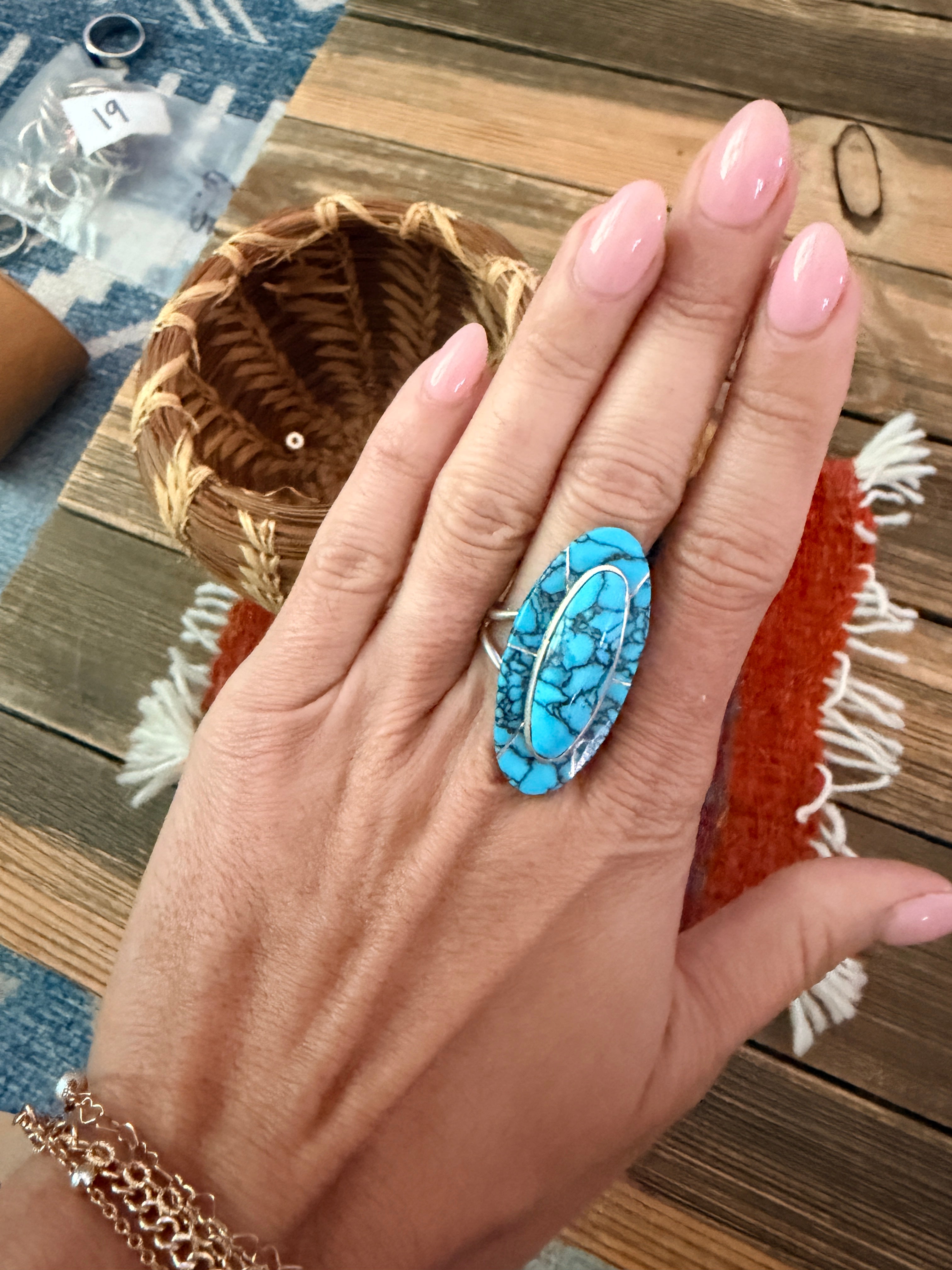 Old Pawn Handcrafted Turquoise & Sterling Silver Inlay Ring Size 11.5