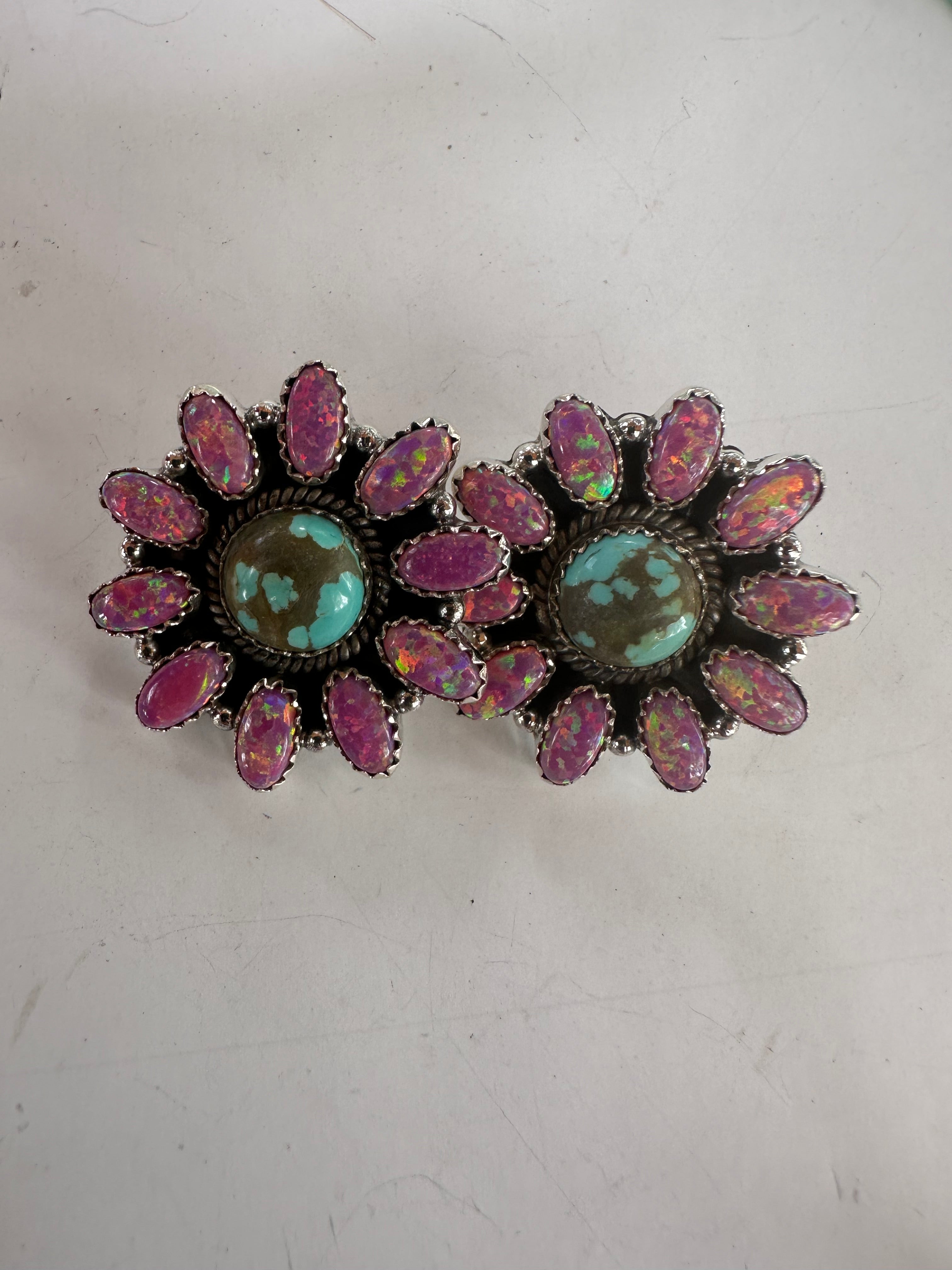 Handmade Flower Sterling Silver, Fire Pink Opal, Number 8 Turquoise Cluster Post Earrings Signed Nizhoni