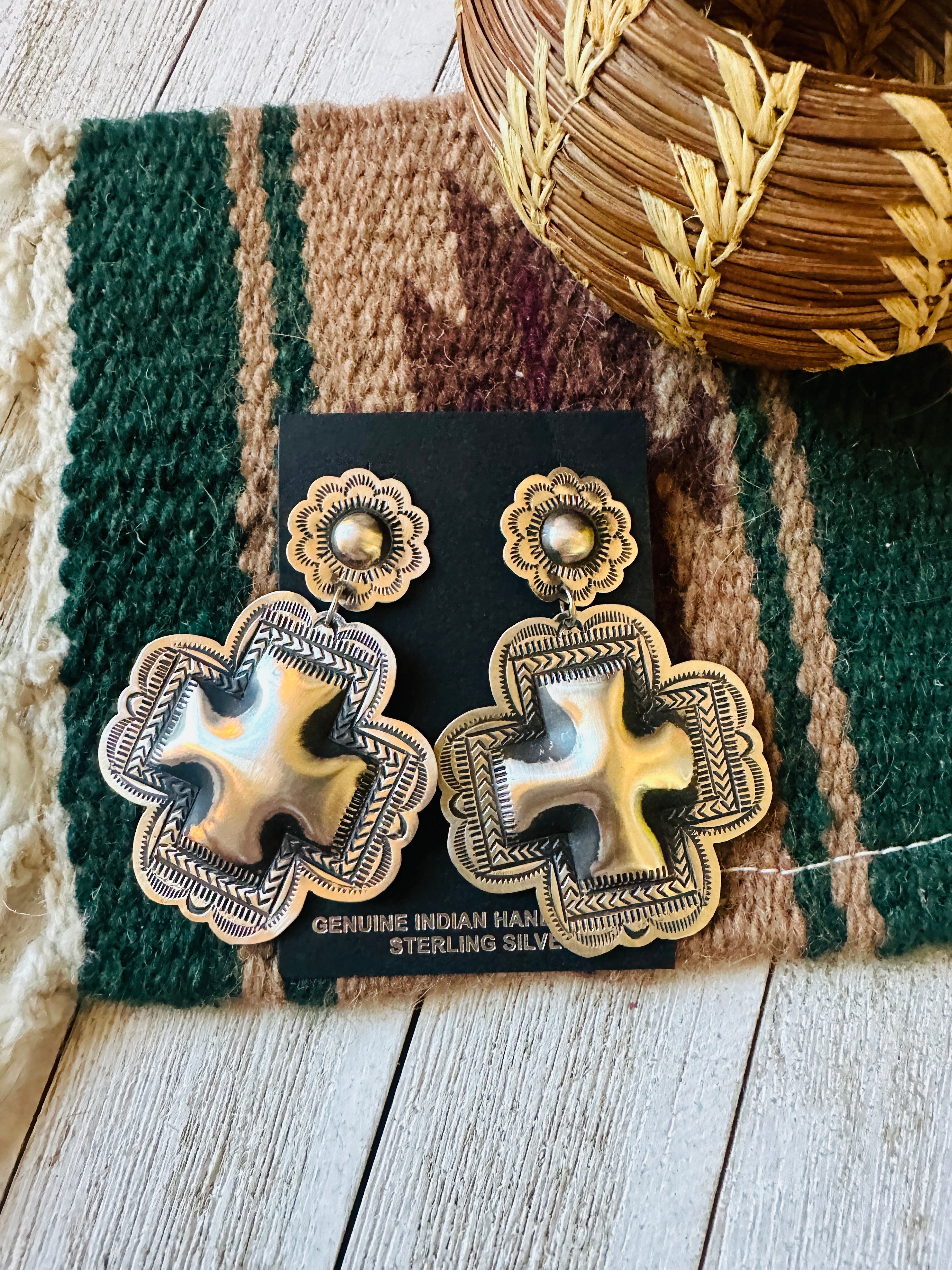 Navajo Hand Stamped Sterling Silver Concho Cross Dangle Earrings by Leander Tahe