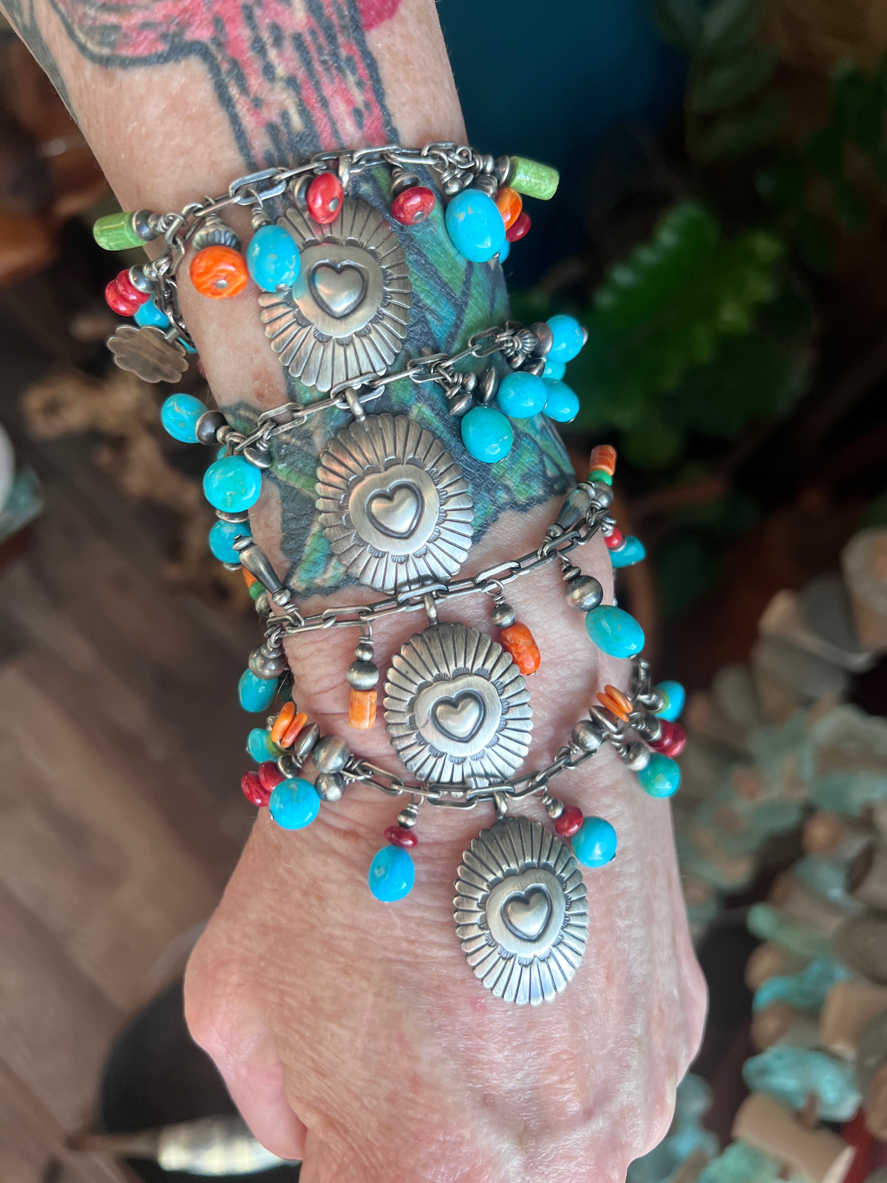 Raymond Coriz Handcrafted Sterling Silver Concho & Multistone Beaded Charm Bracelets