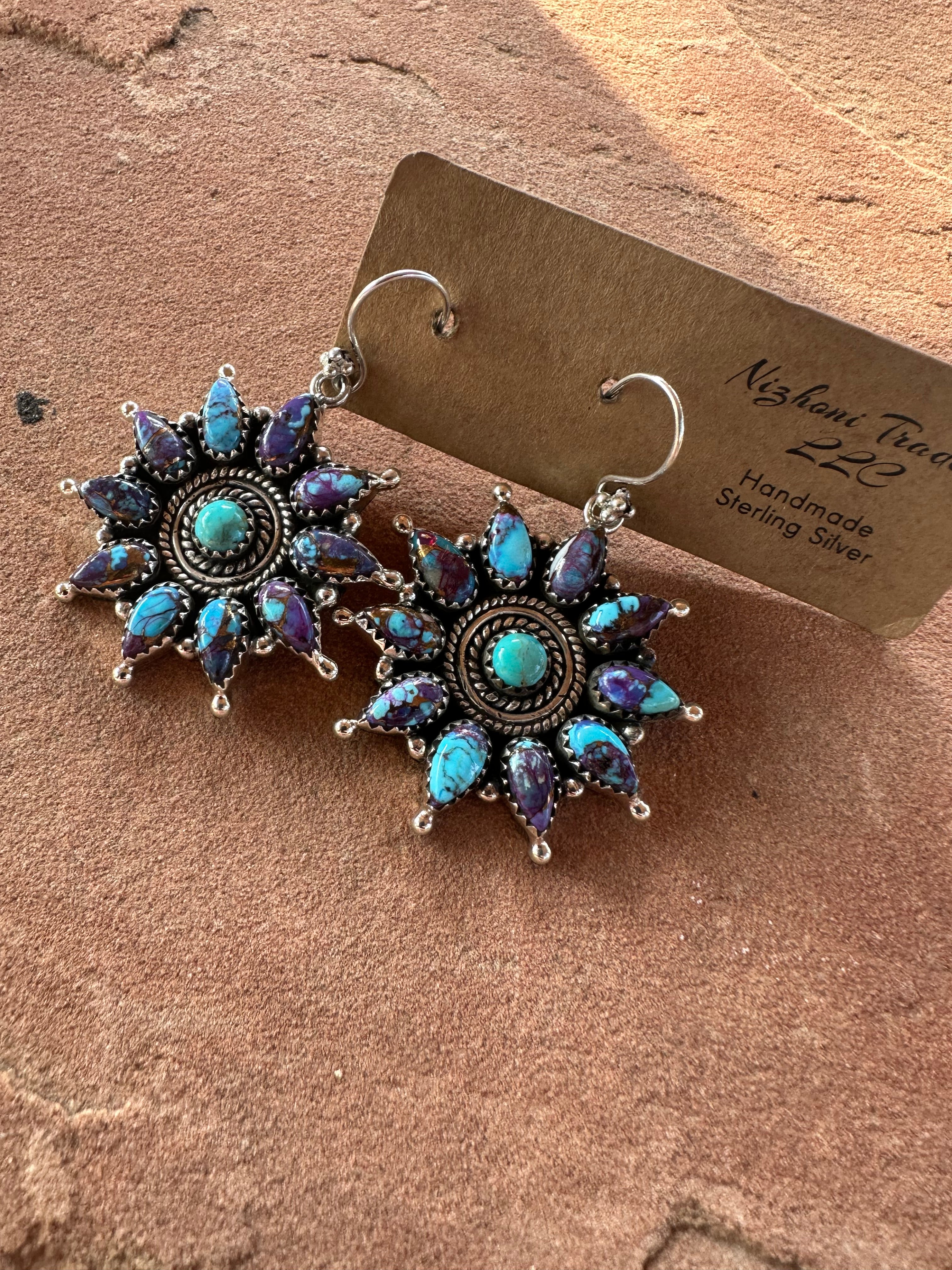 Handmade Purple Dream, Turquoise And Sterling Silver Cluster Dangle Earrings