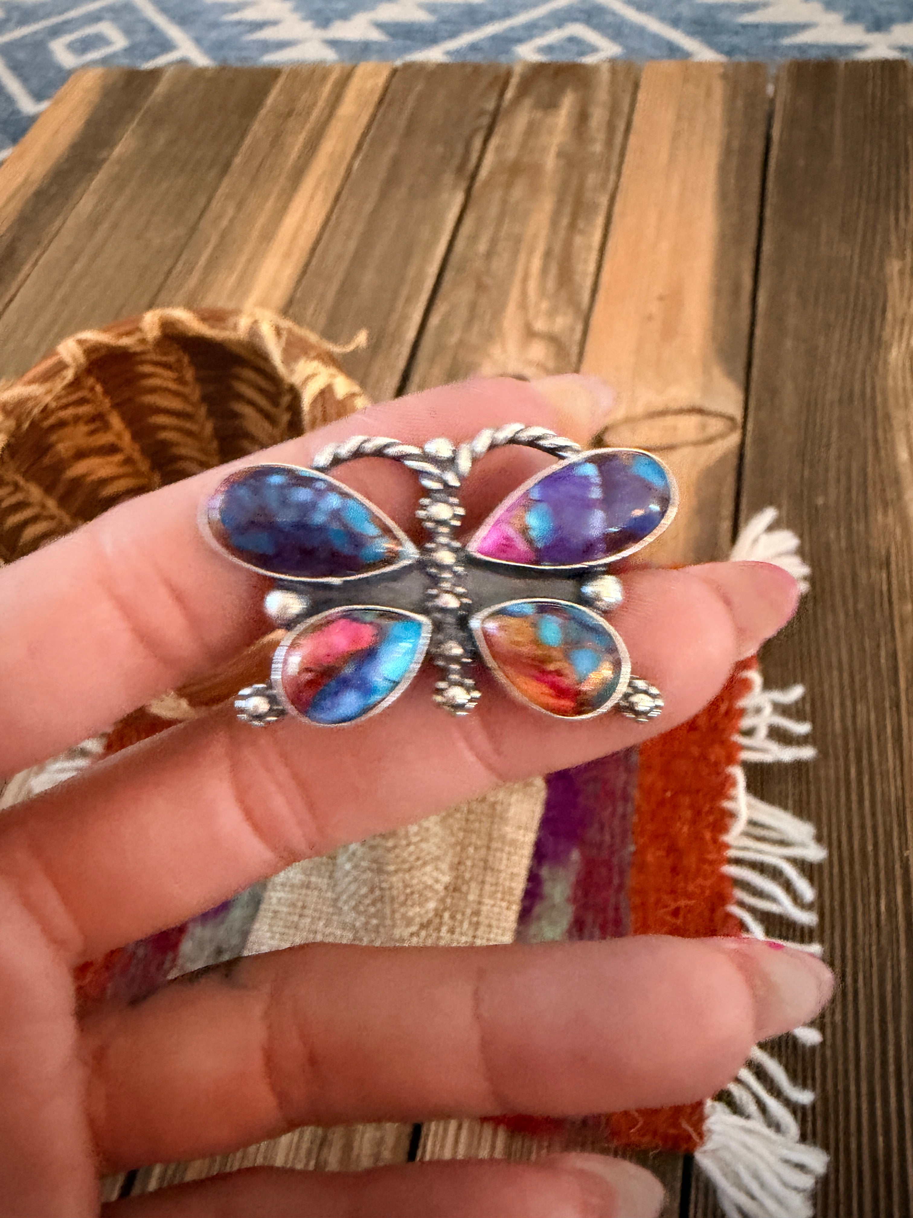 Handcrafted Pink Dream Mojave & Sterling Silver Adjustable Butterfly Ring