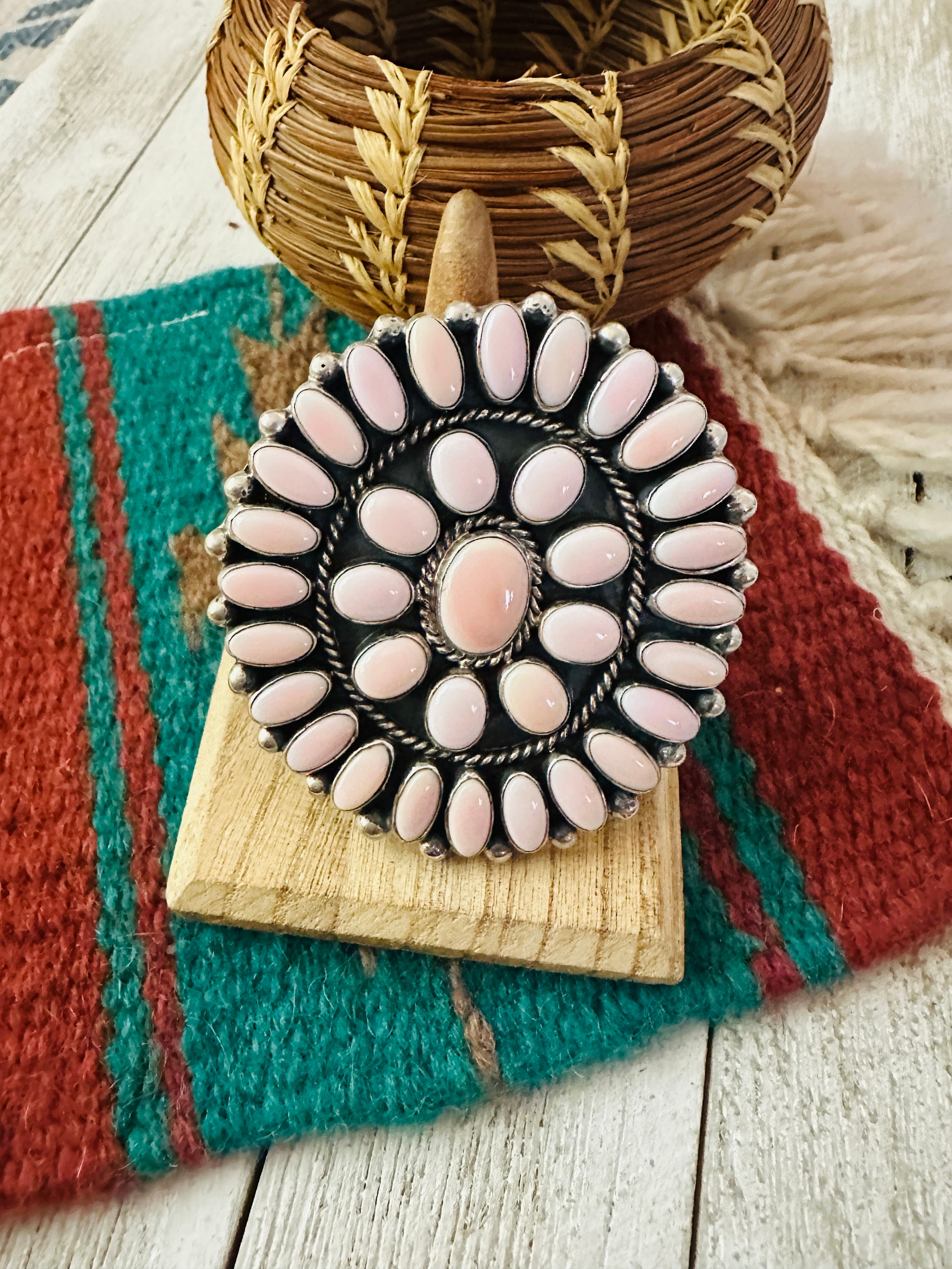 Navajo Sterling Silver & Queen Pink Conch Cluster Adjustable Ring