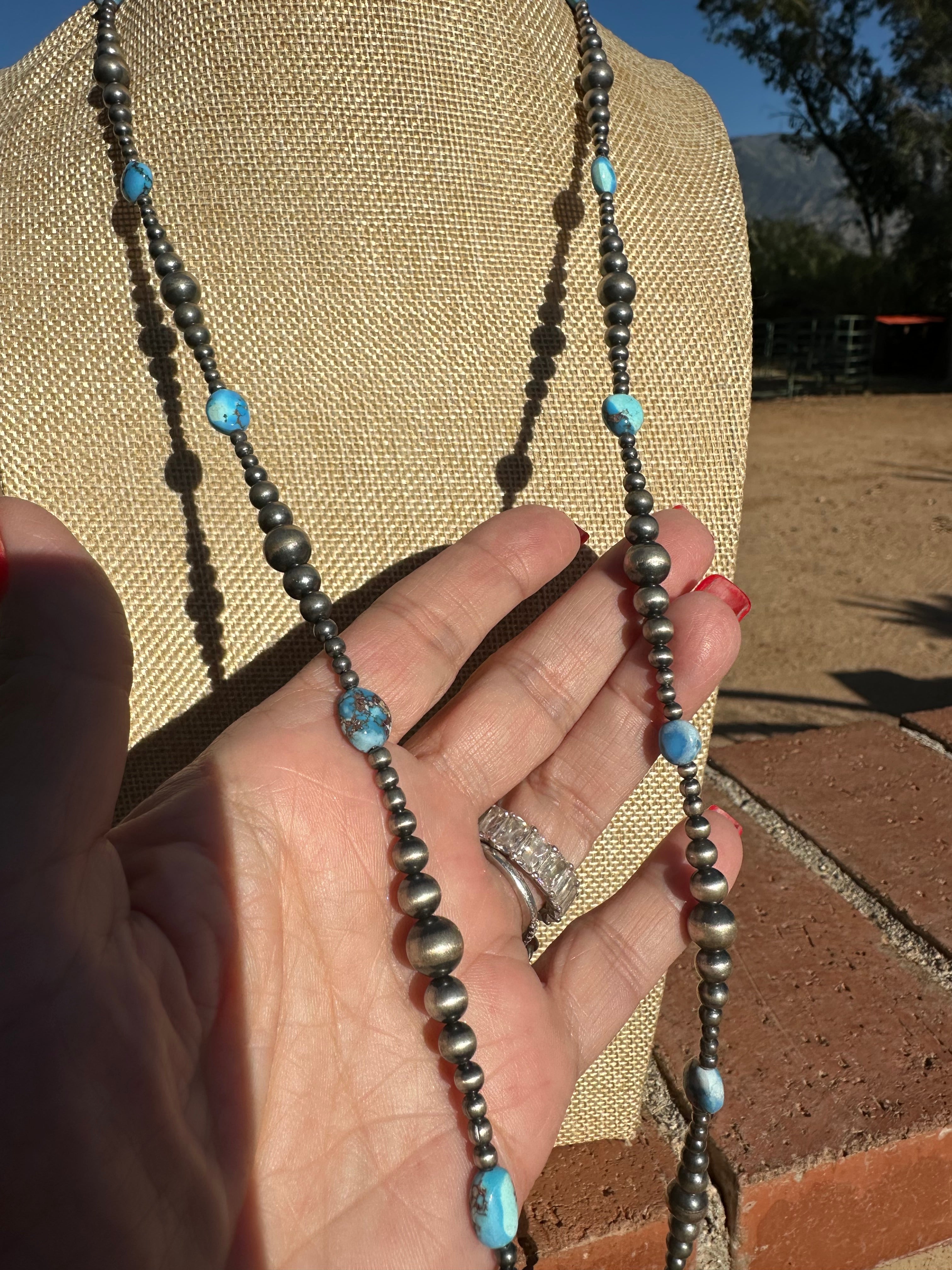 Handmade Golden Hills Turquoise & Sterling Silver Beaded Necklace