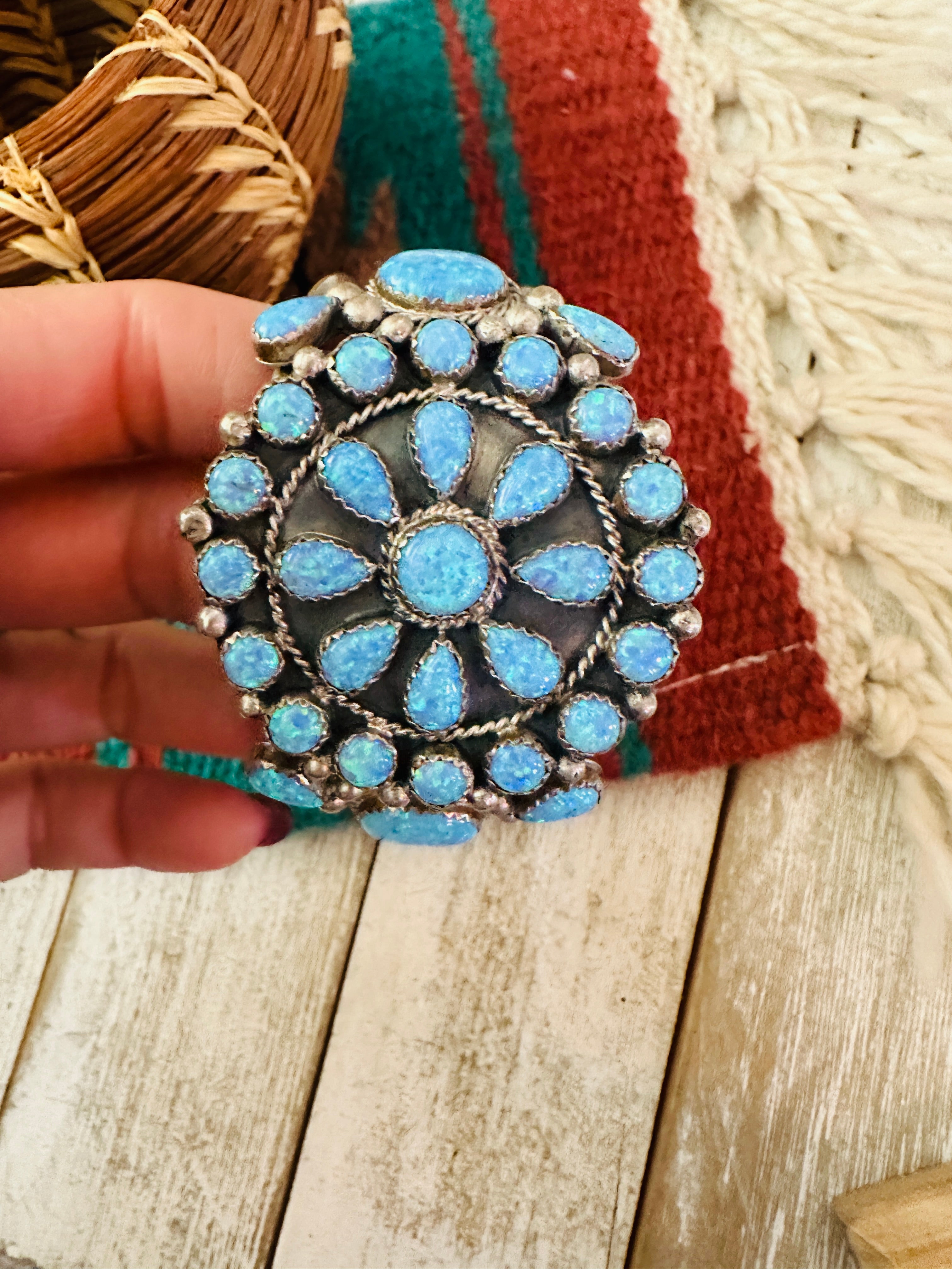 Navajo Blue Opal & Sterling Silver Cluster Bracelet Cuff