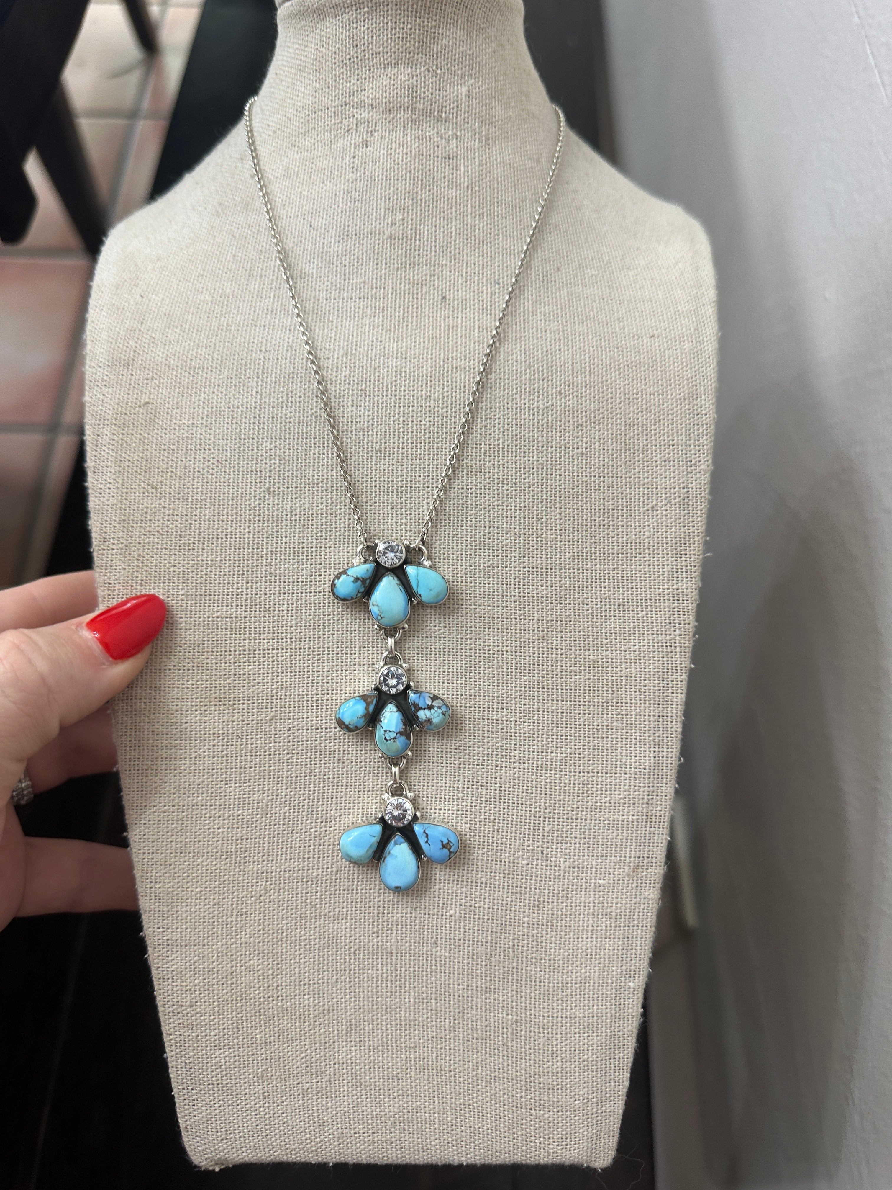 Beautiful Handmade Sterling Silver, CZ & Golden Hills Turquoise Necklace