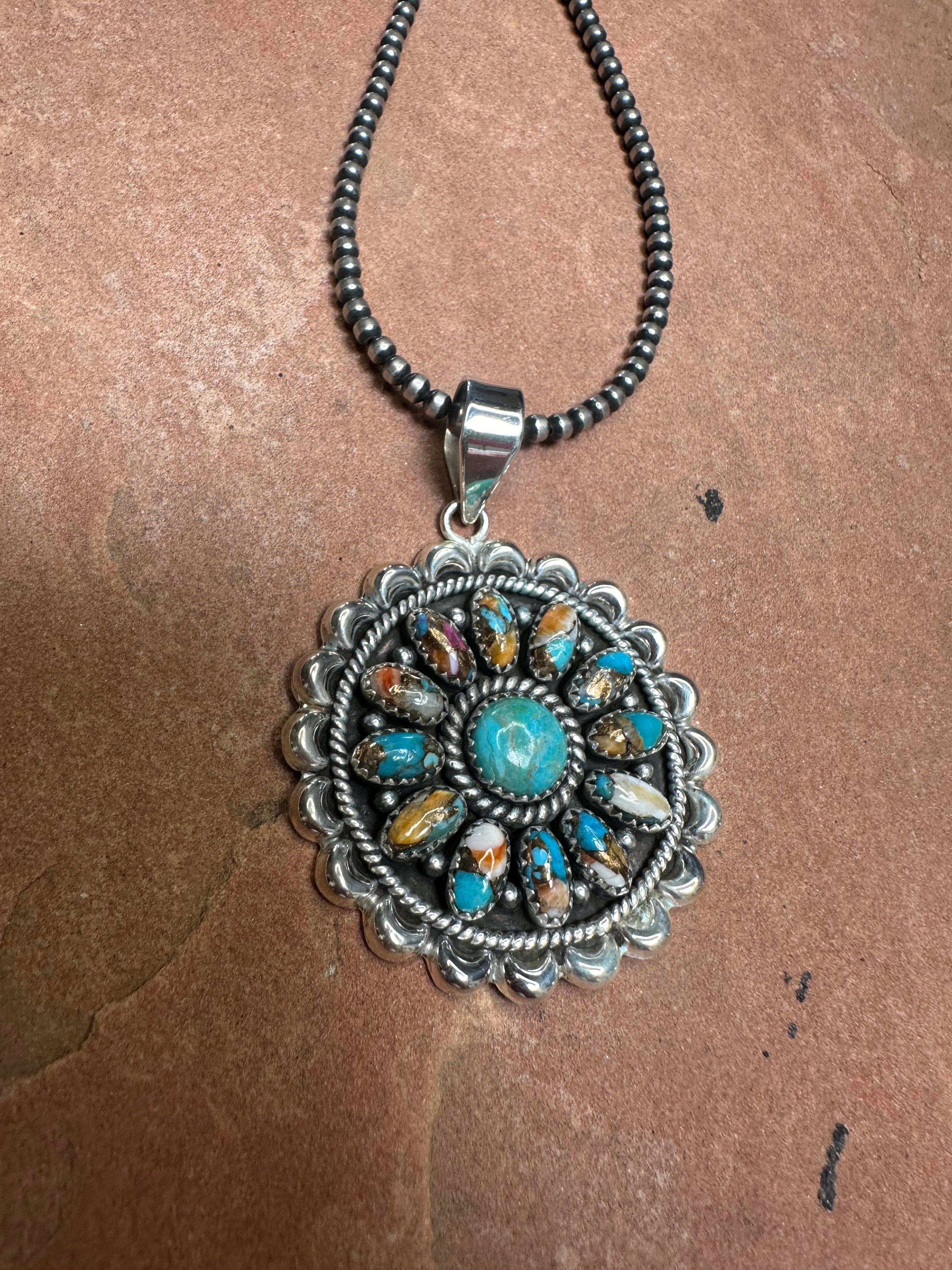 Beautiful Handmade Sterling Silver, Spice & Turquoise Cluster Pendant