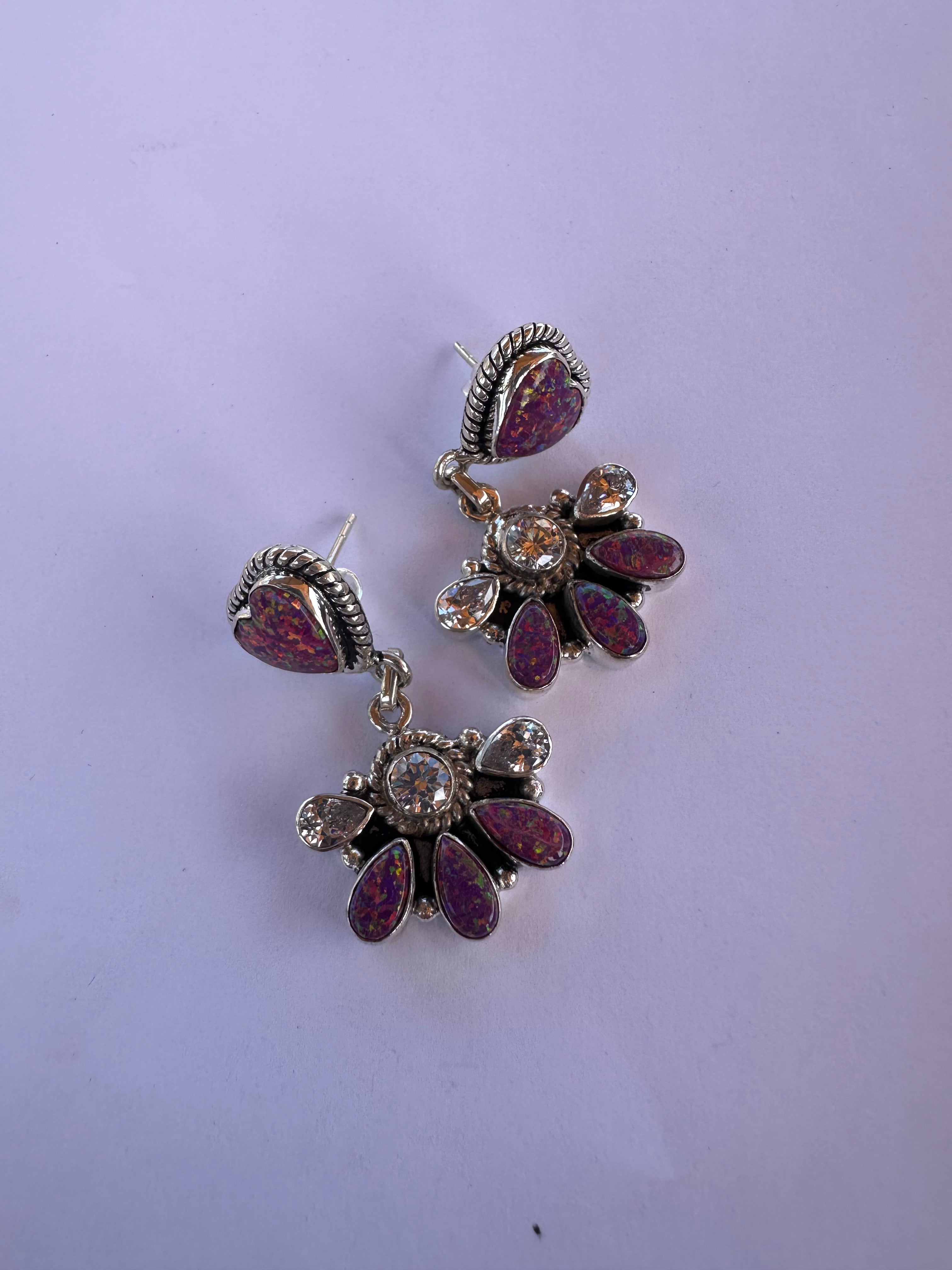 Handmade Dark Pink Opal, CZ and Sterling Silver Dangle Earrings