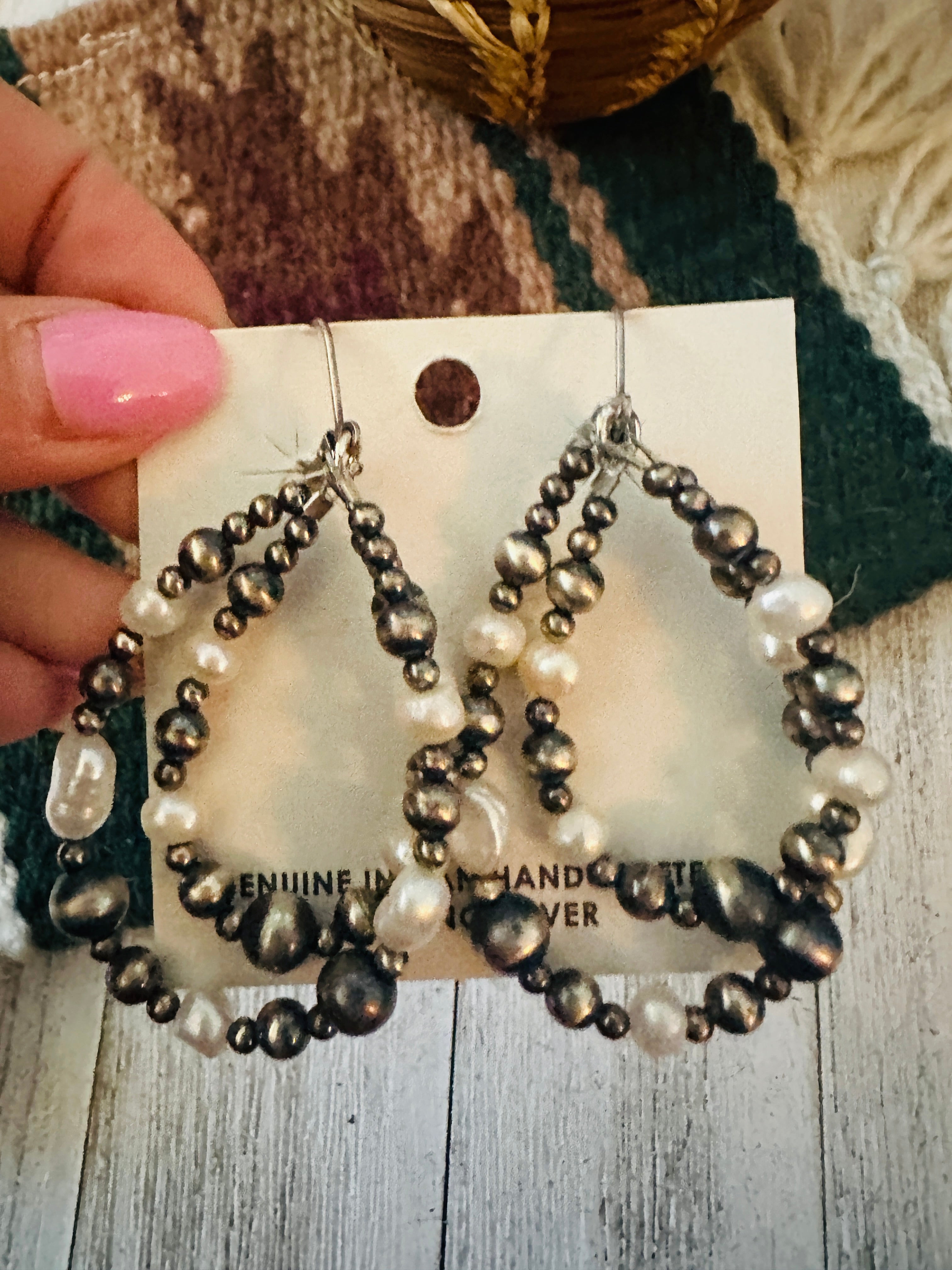 Navajo Natural Pearl & Sterling Silver Beaded Double Hoop Dangle Earrings