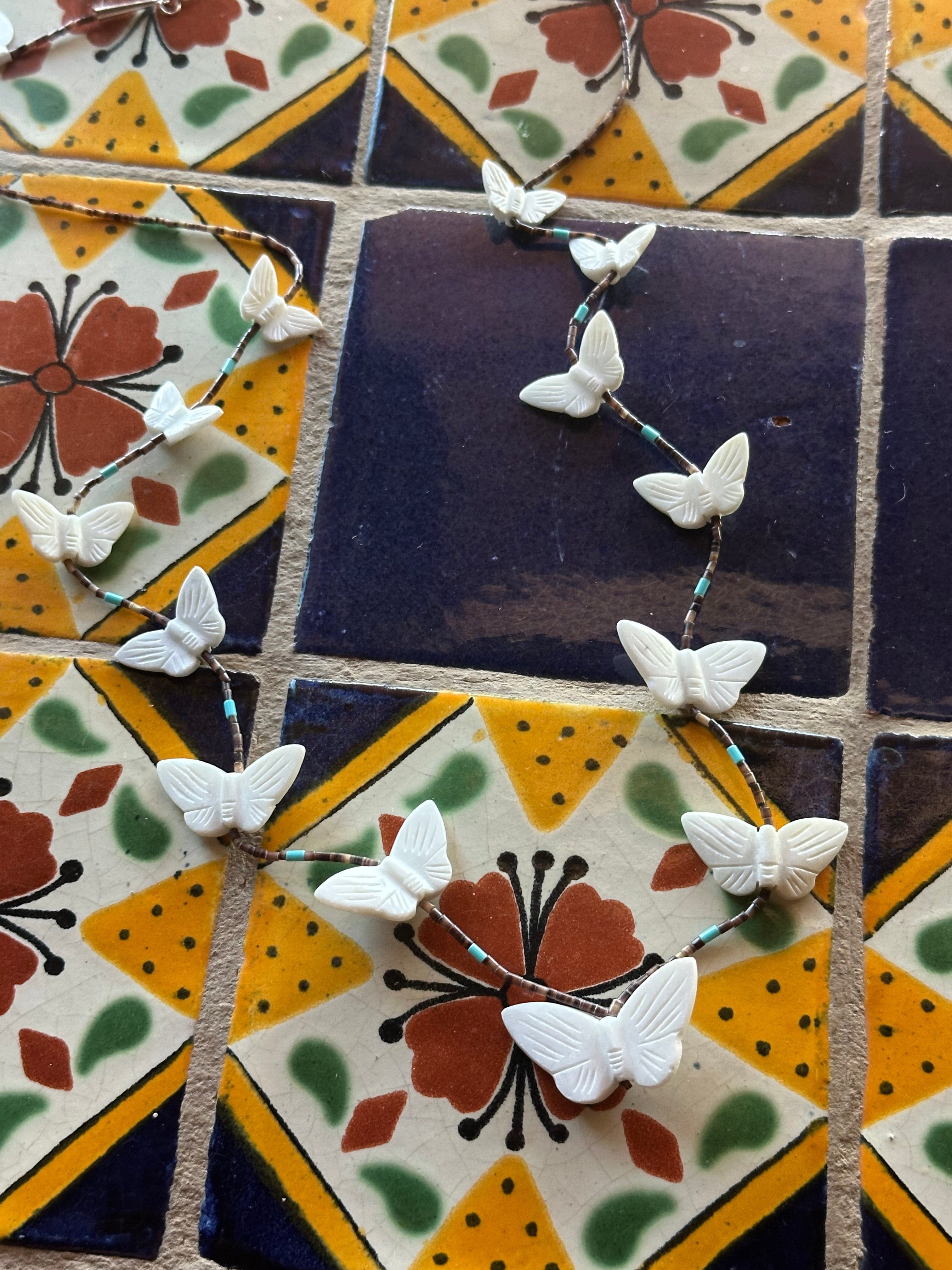 Handcrafted Multi Stone & Heishi Beaded Butterfly Fetish Necklace