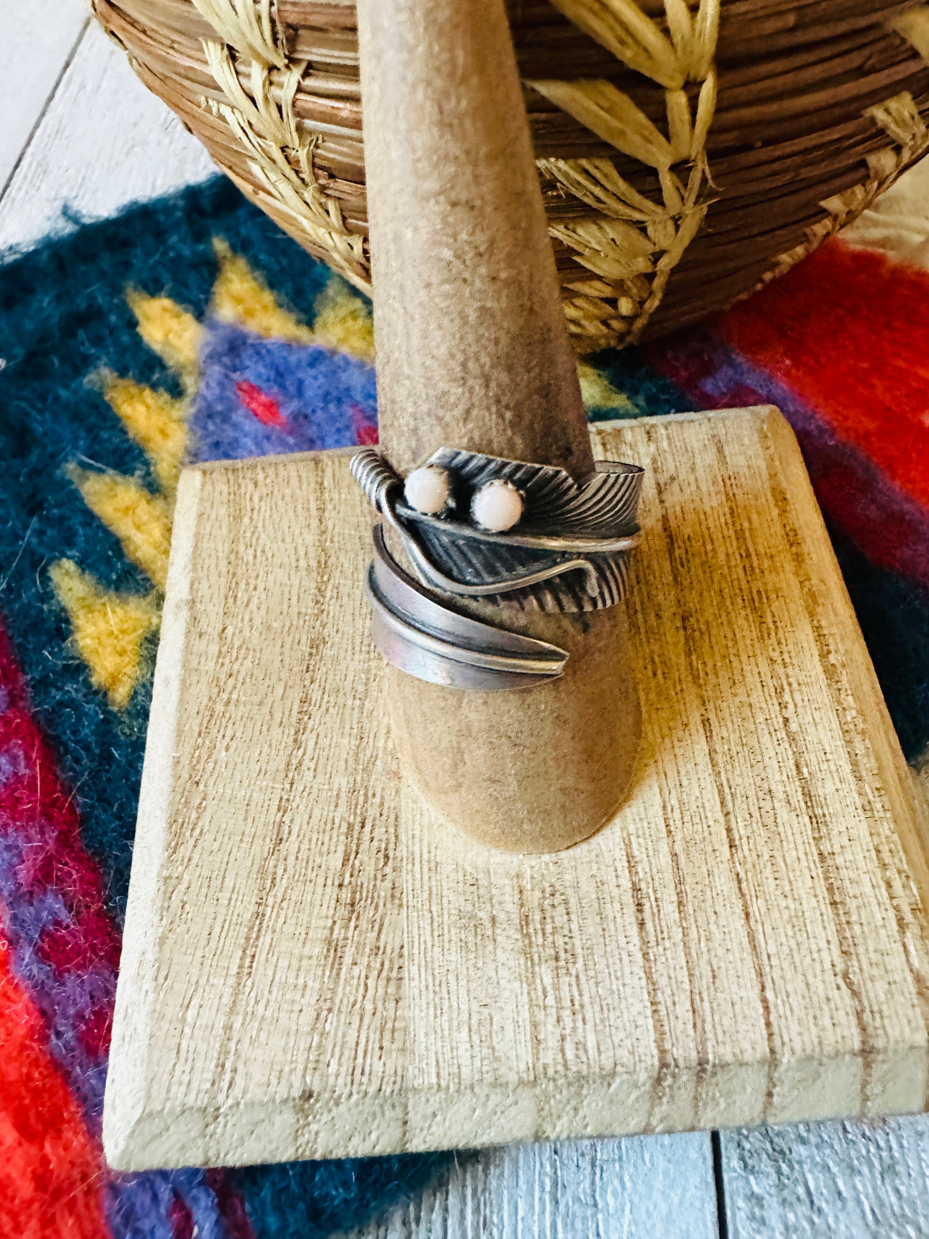 Navajo Sterling Silver & Queen Pink Conch Feather Adjustable Ring