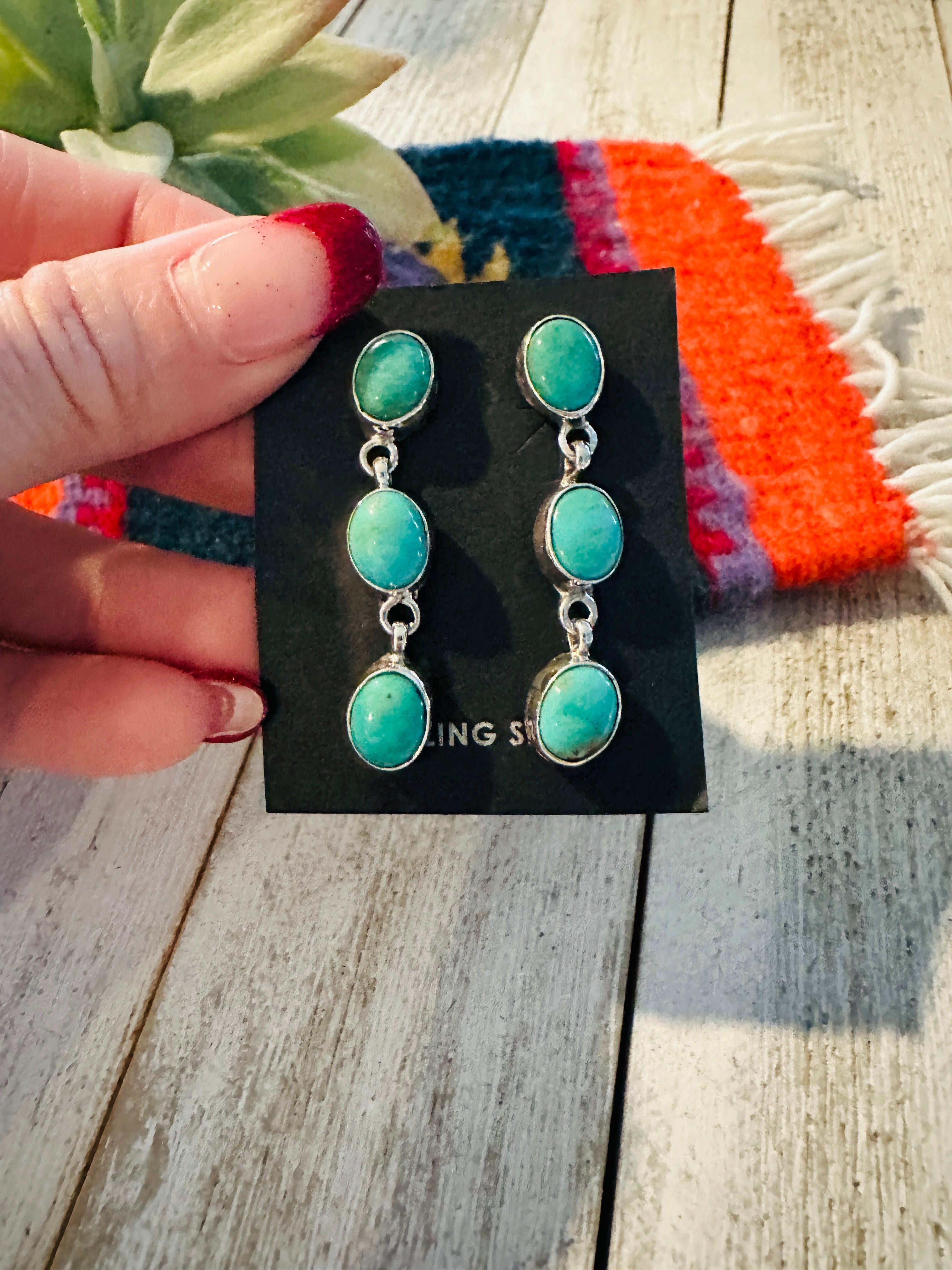 Navajo Turquoise and Sterling Silver Three Stone Dangle Earrings