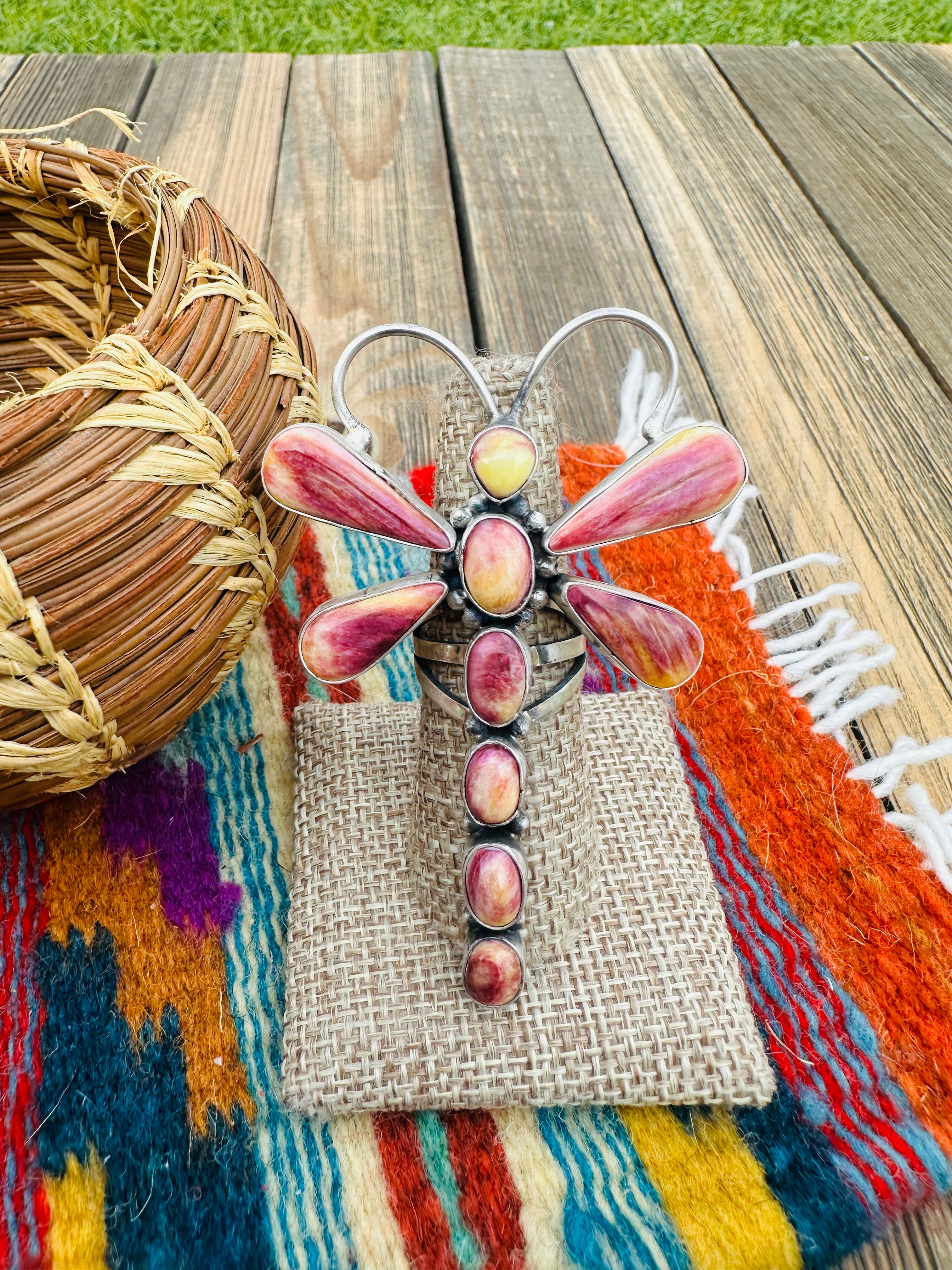 Handcrafted Spiny Oyster & Sterling Silver Dragonfly Ring Size 7.5