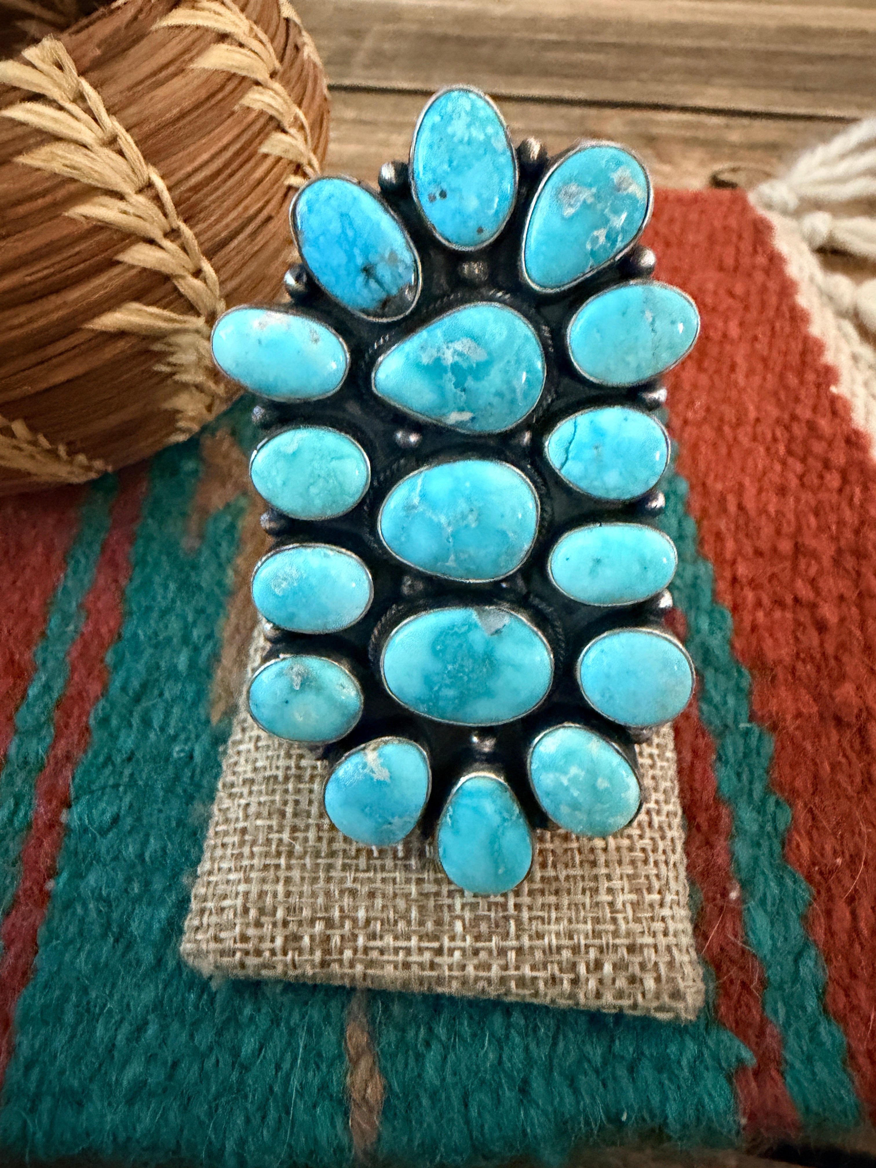 Handcrafted Kingman Turquoise & Sterling Silver Cluster Ring by Sheila Becenti