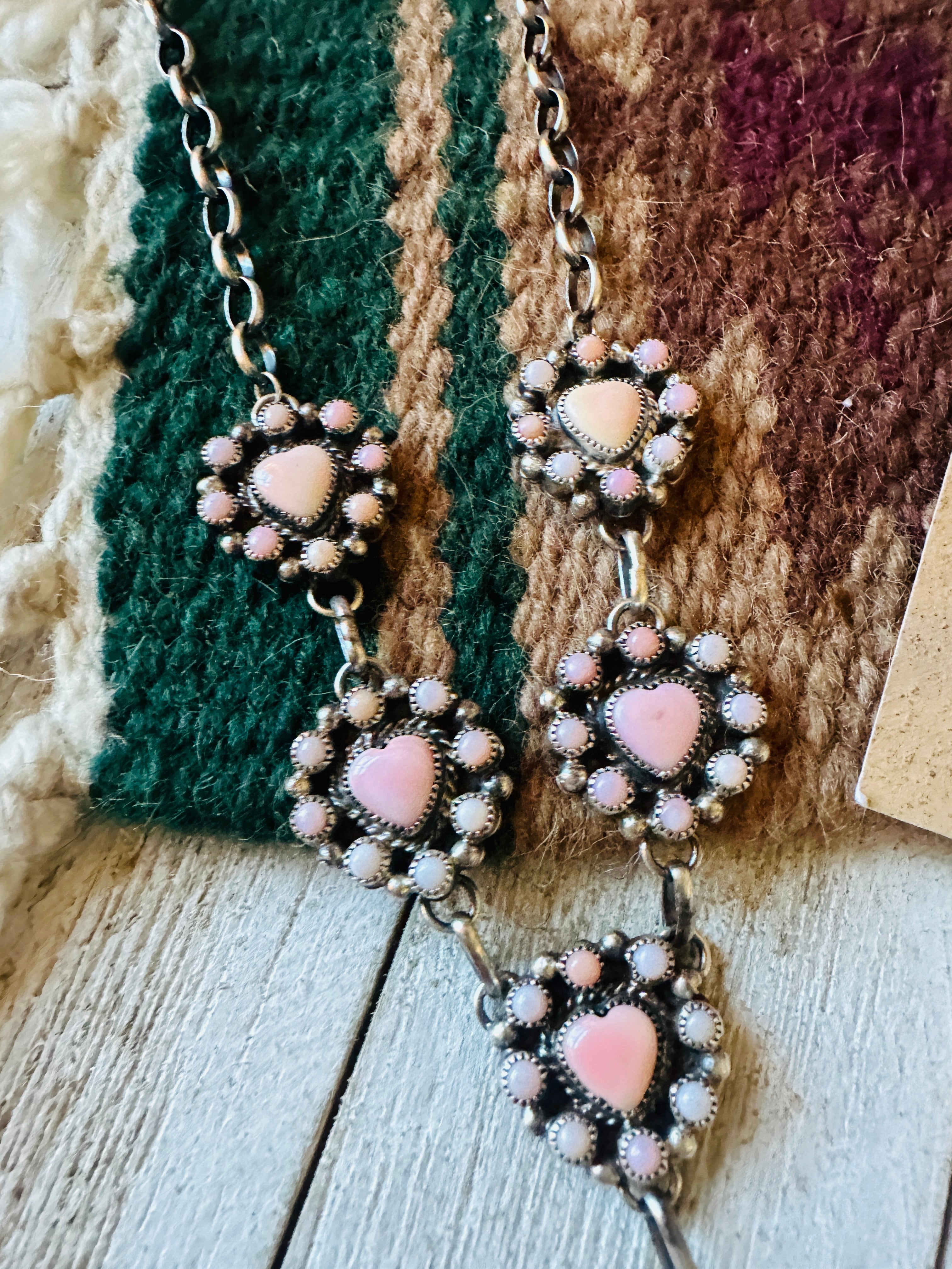 Navajo Queen Pink Conch & Sterling Silver Heart Necklace Set