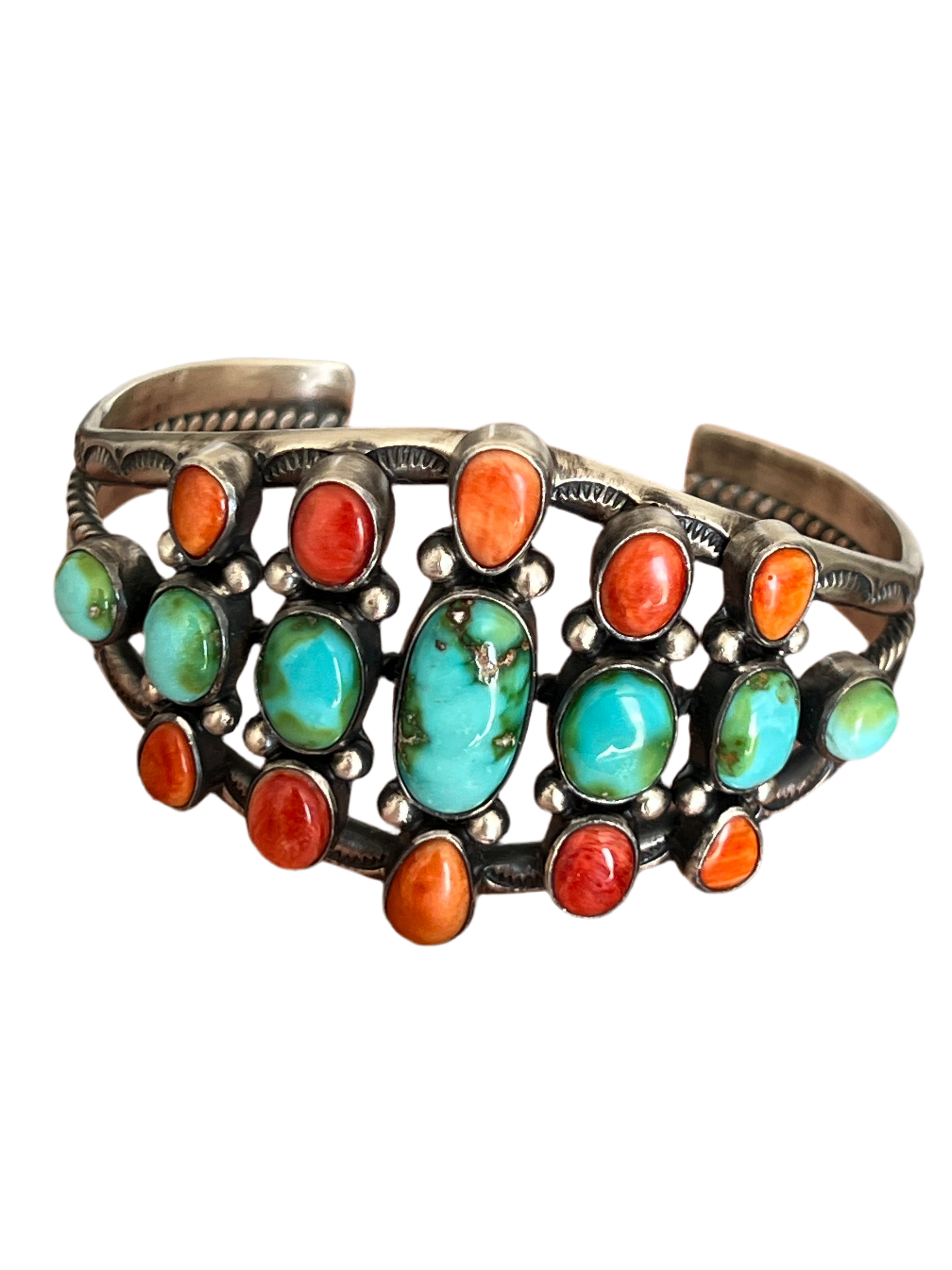 Hand Stamped Sterling Silver, Sonoran Turquoise and Spiny Oyster Shell Cluster Cuff Bracelet by Diane Wylie /