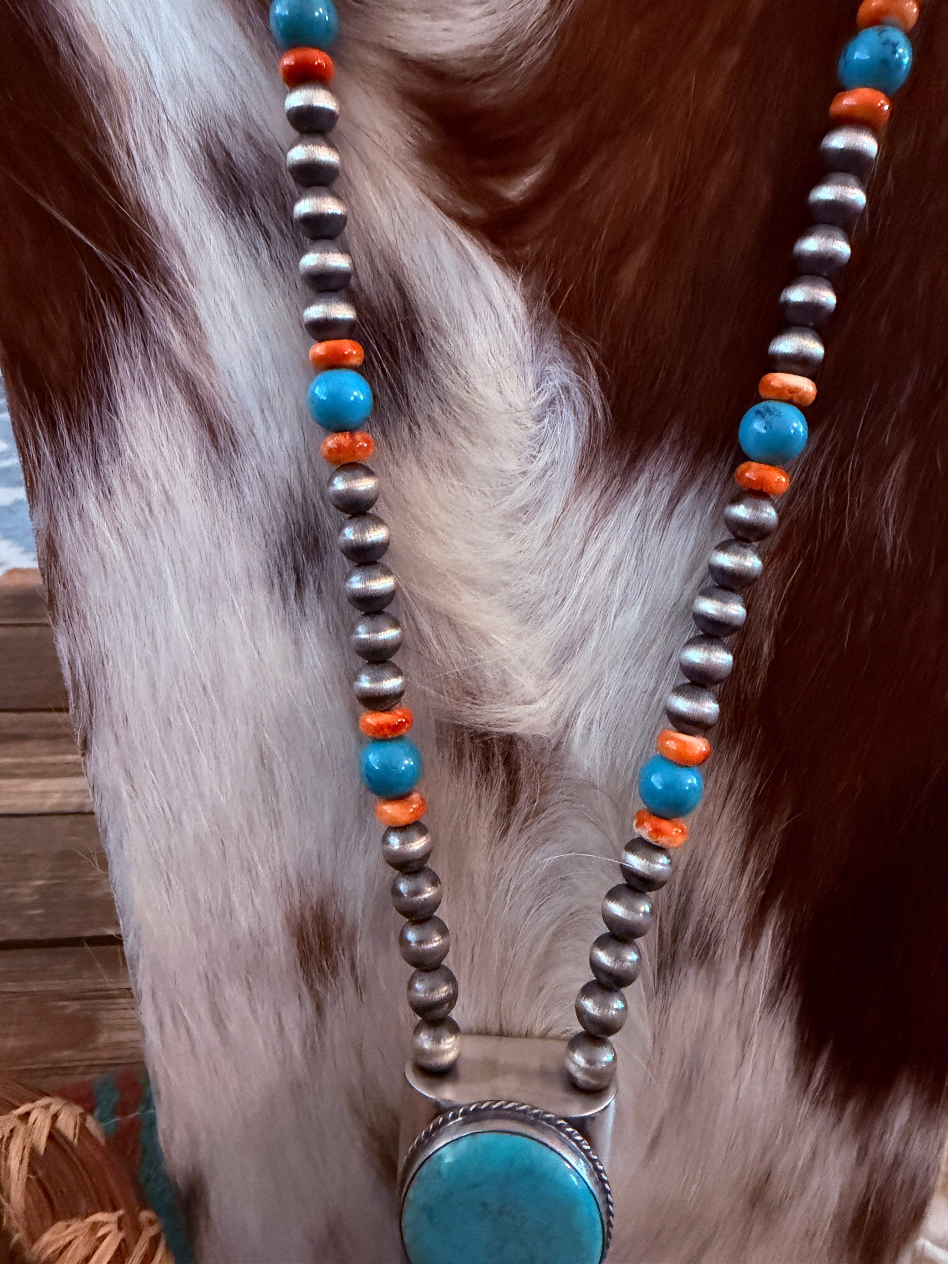 Handcrafted Turquoise, Spiny & Sterling Silver Beaded Jacla Necklace