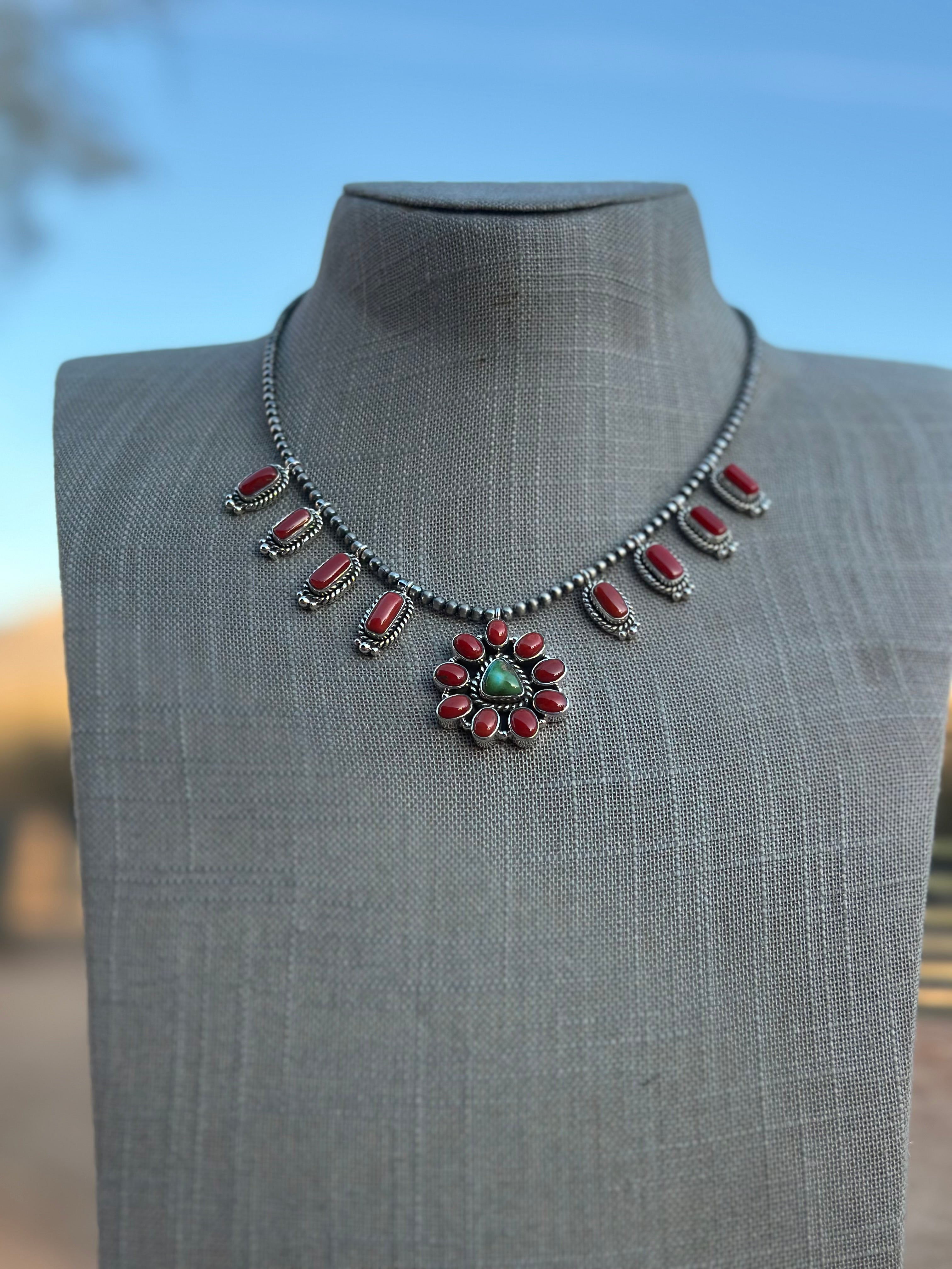 Beautiful Handmade Sterling Silver, Sonoran Turquoise & Coral Necklace