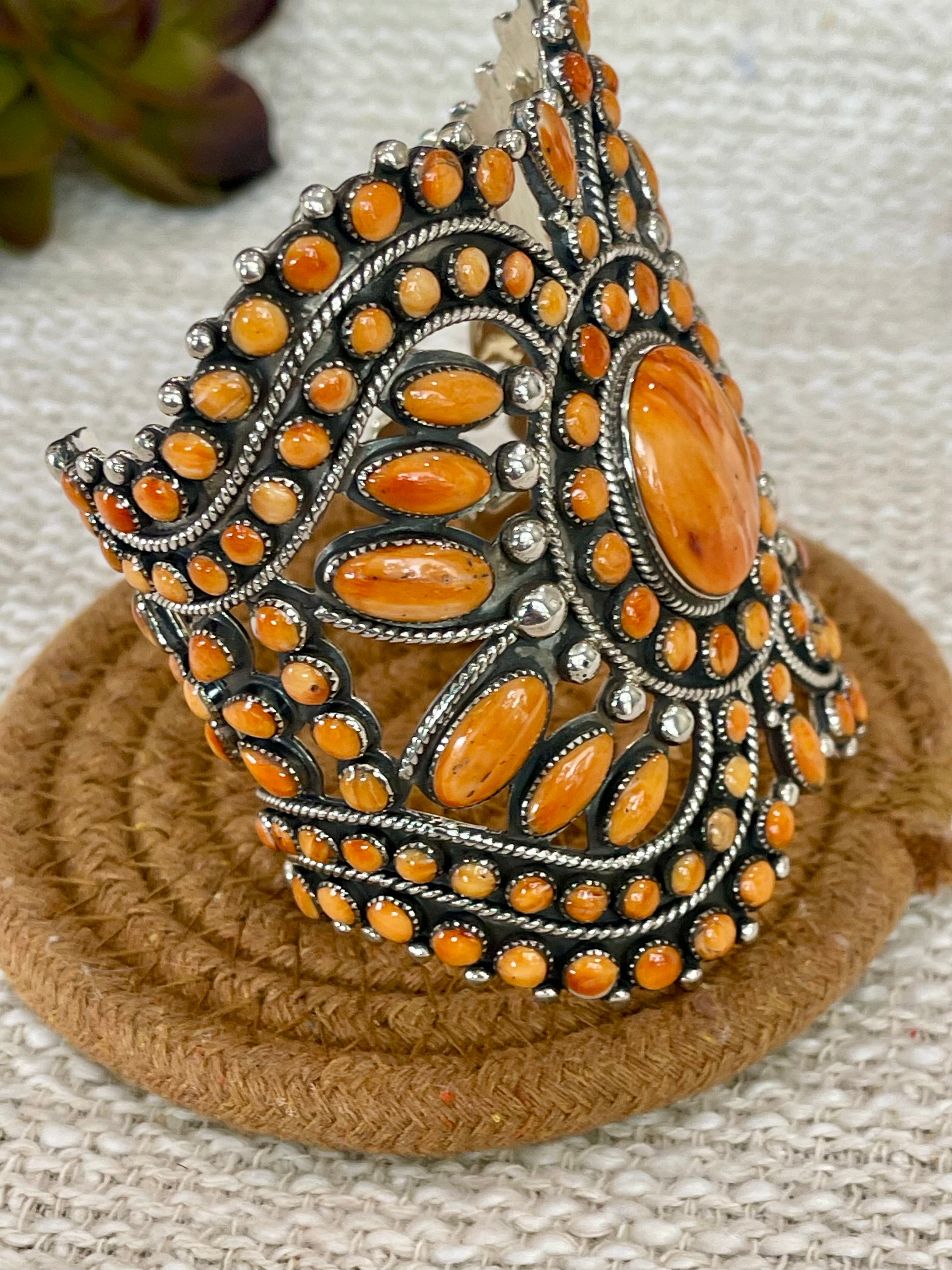 Beautiful Handmade Sterling Silver & Orange Spiny Cuff Bracelet