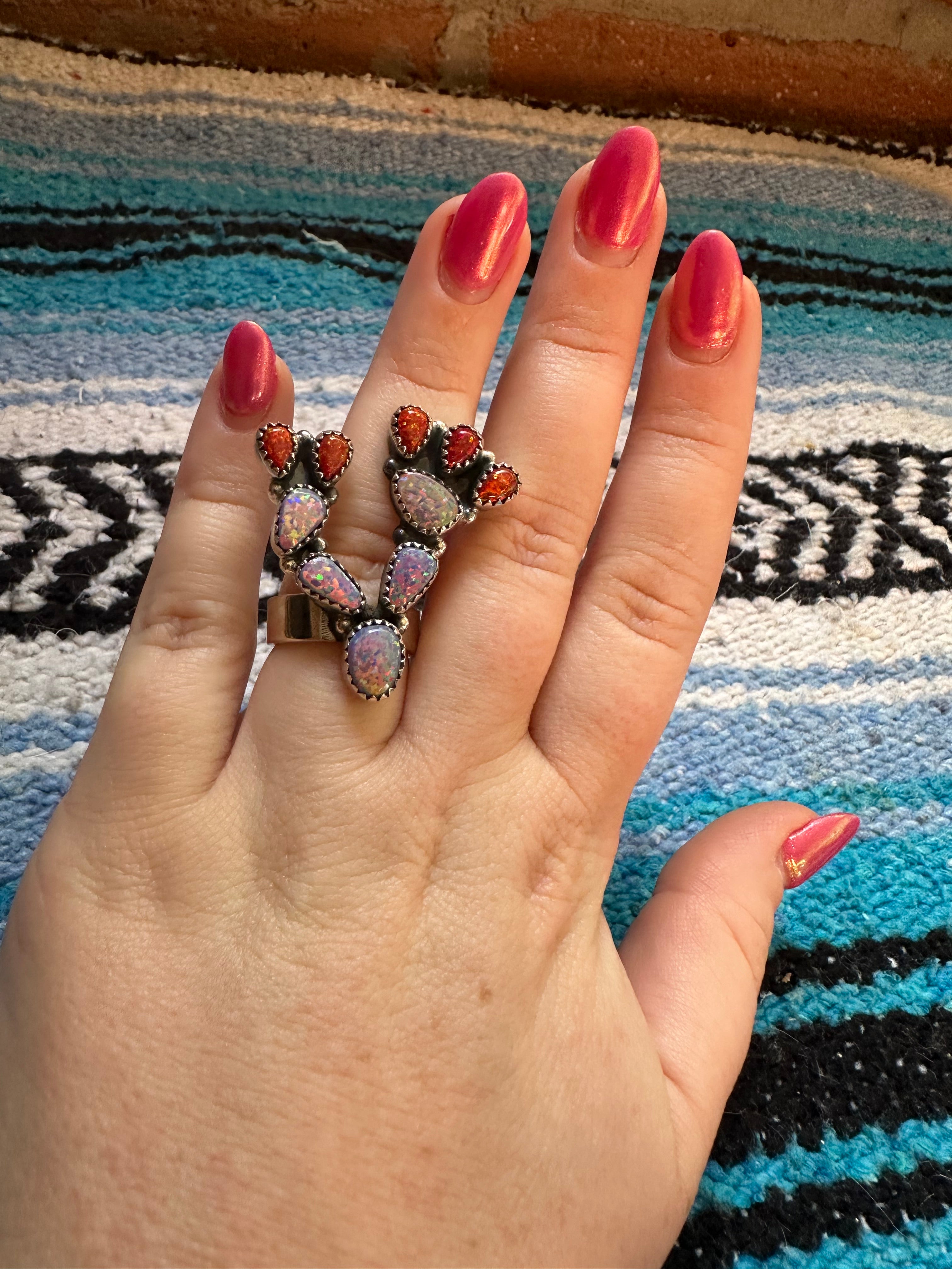 Handmade Sterling Silver Fire Opal Cactus Adjustable Ring