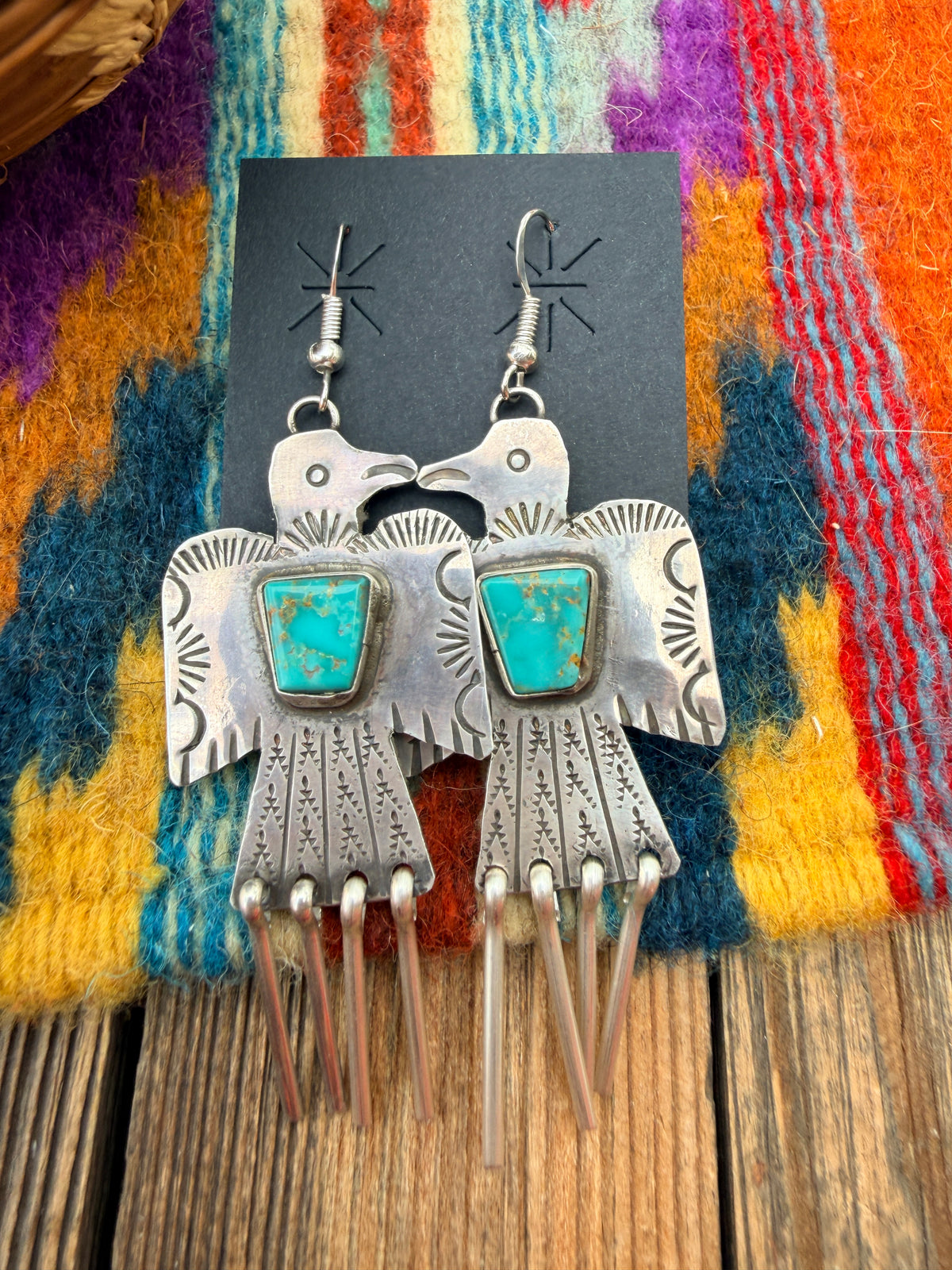 Handcrafted Sterling Silver & Turquoise Thunderbird Dangle Earrings by Vernon Begay