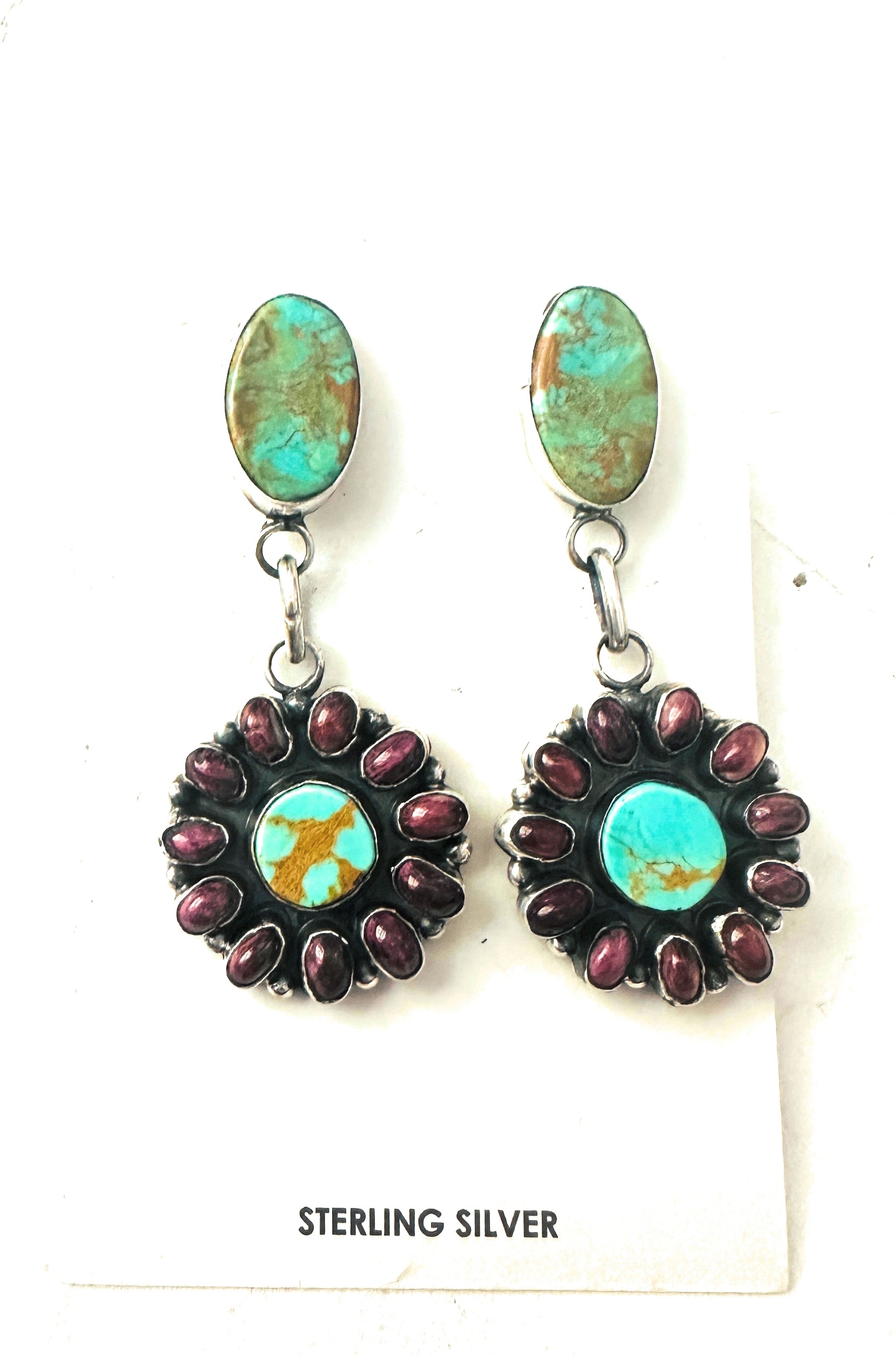 Navajo Turquoise, Spiny & Sterling Silver Dangle Earrings by Jacqueline Silver