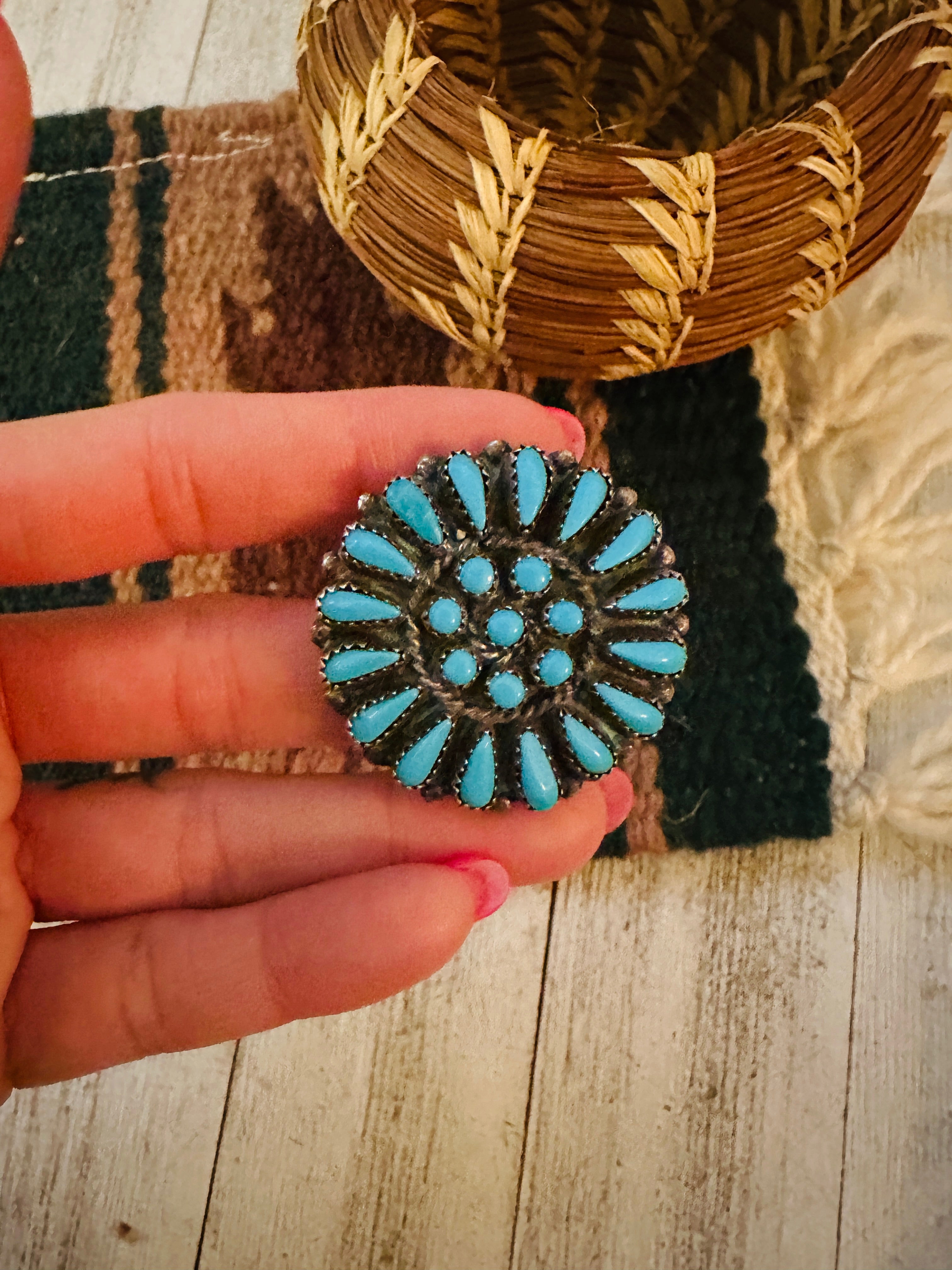 Vintage Navajo Turquoise & Sterling Silver Cluster Brooch