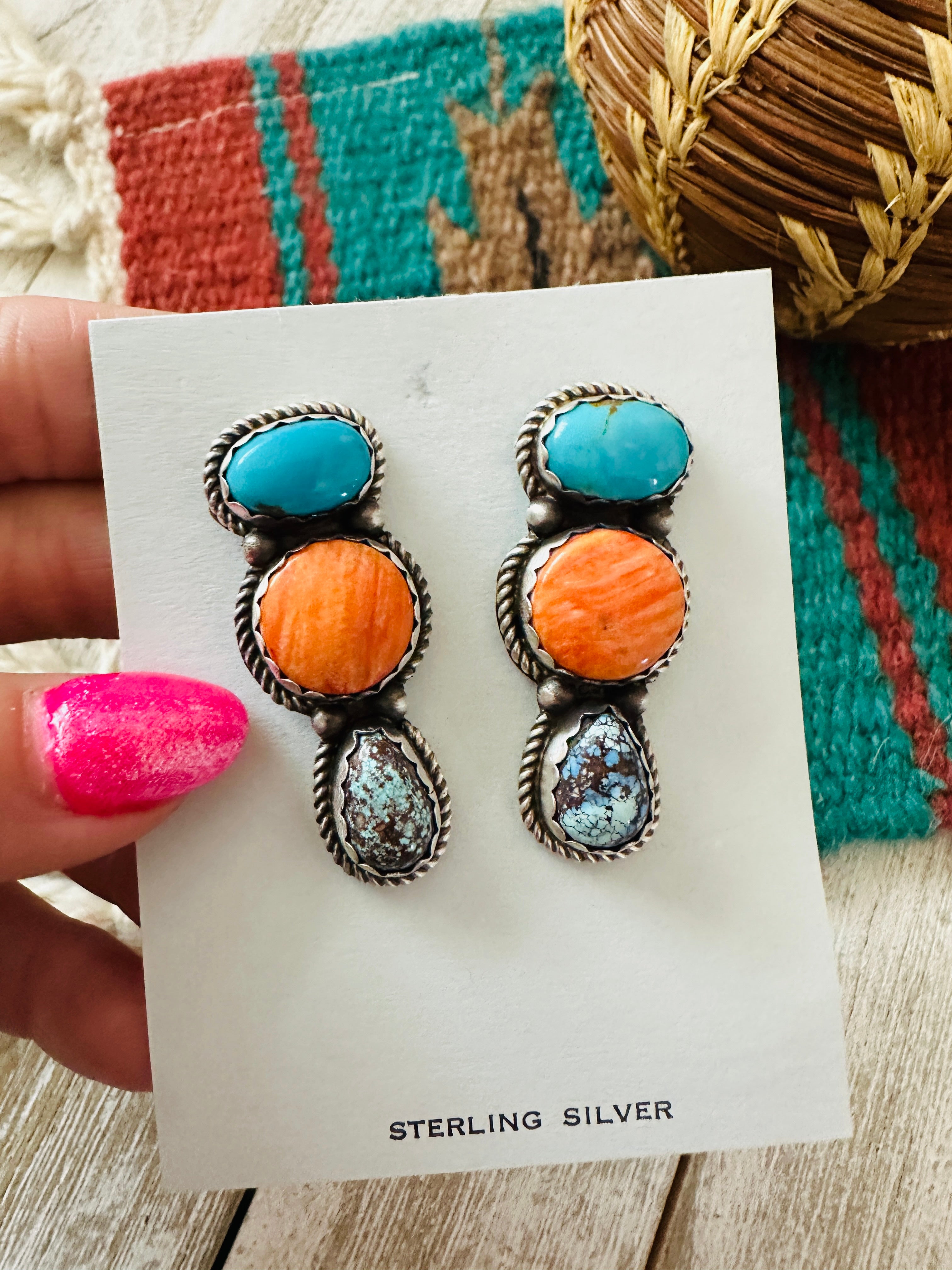 Handcrafted Orange Spiny, Turquoise and Sterling Silver Dangle Earrings