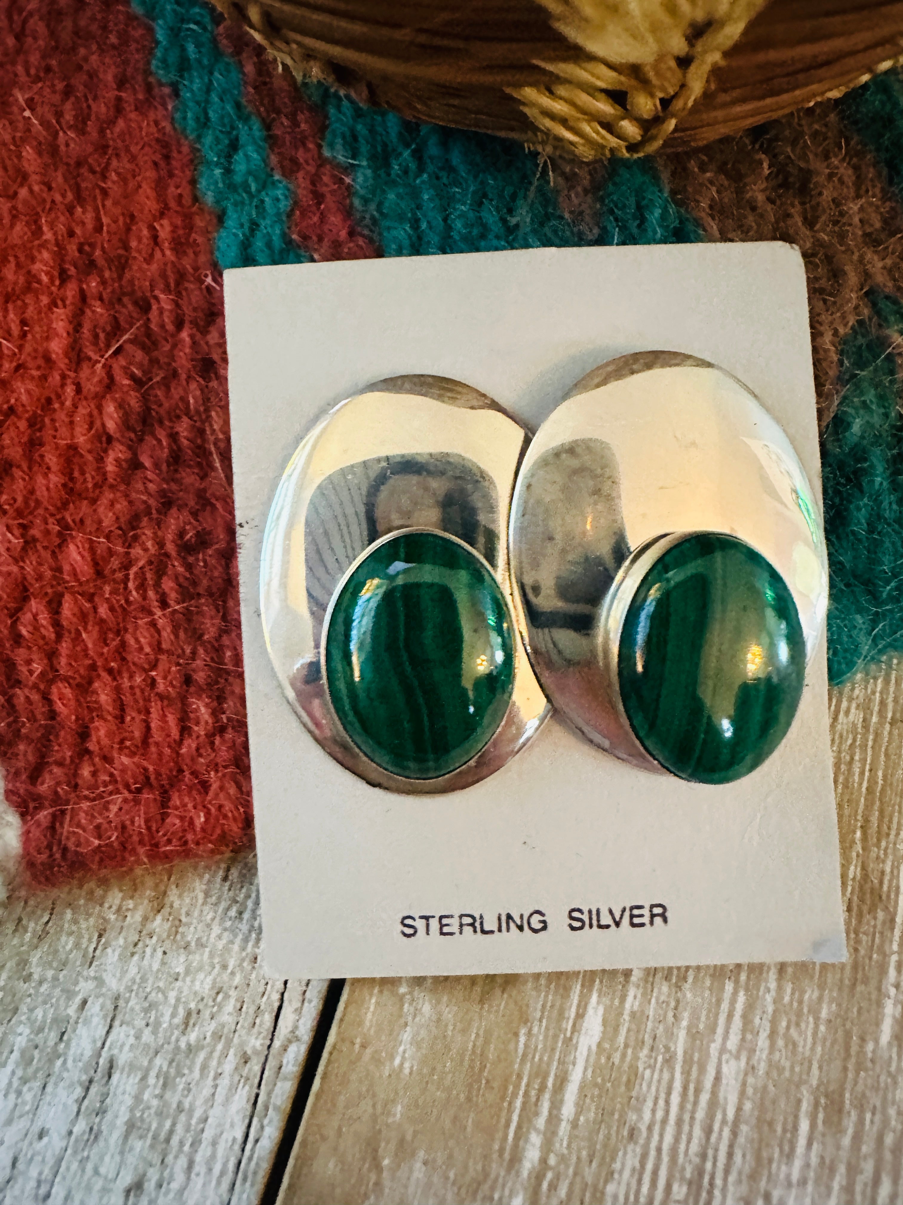 Handcrafted Malachite & Sterling Silver Clip On Earrings