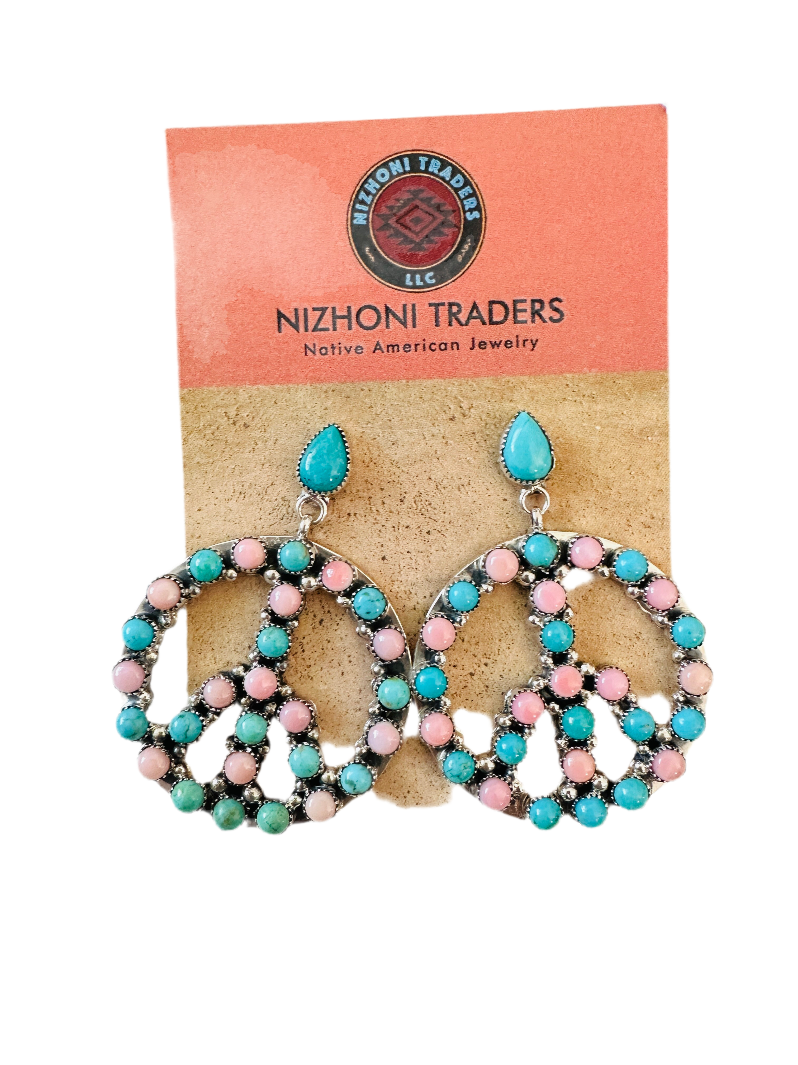 Handcrafted Turquoise, Queen Pink Conch & Sterling Silver Peace Sign Dangle Earrings