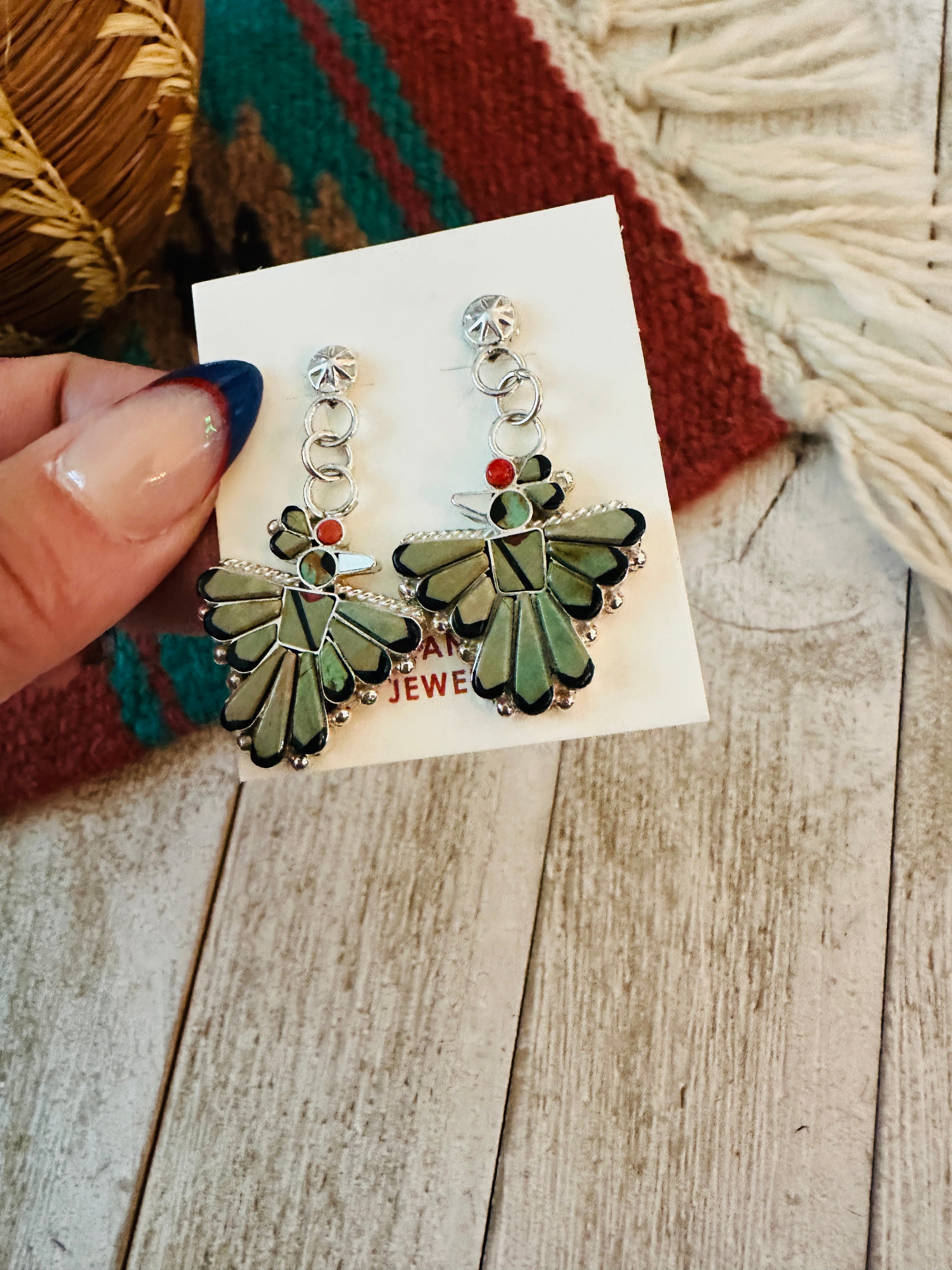 Handcrafted Multi Stone & Sterling Silver Inlay Thunderbird Dangle Earrings