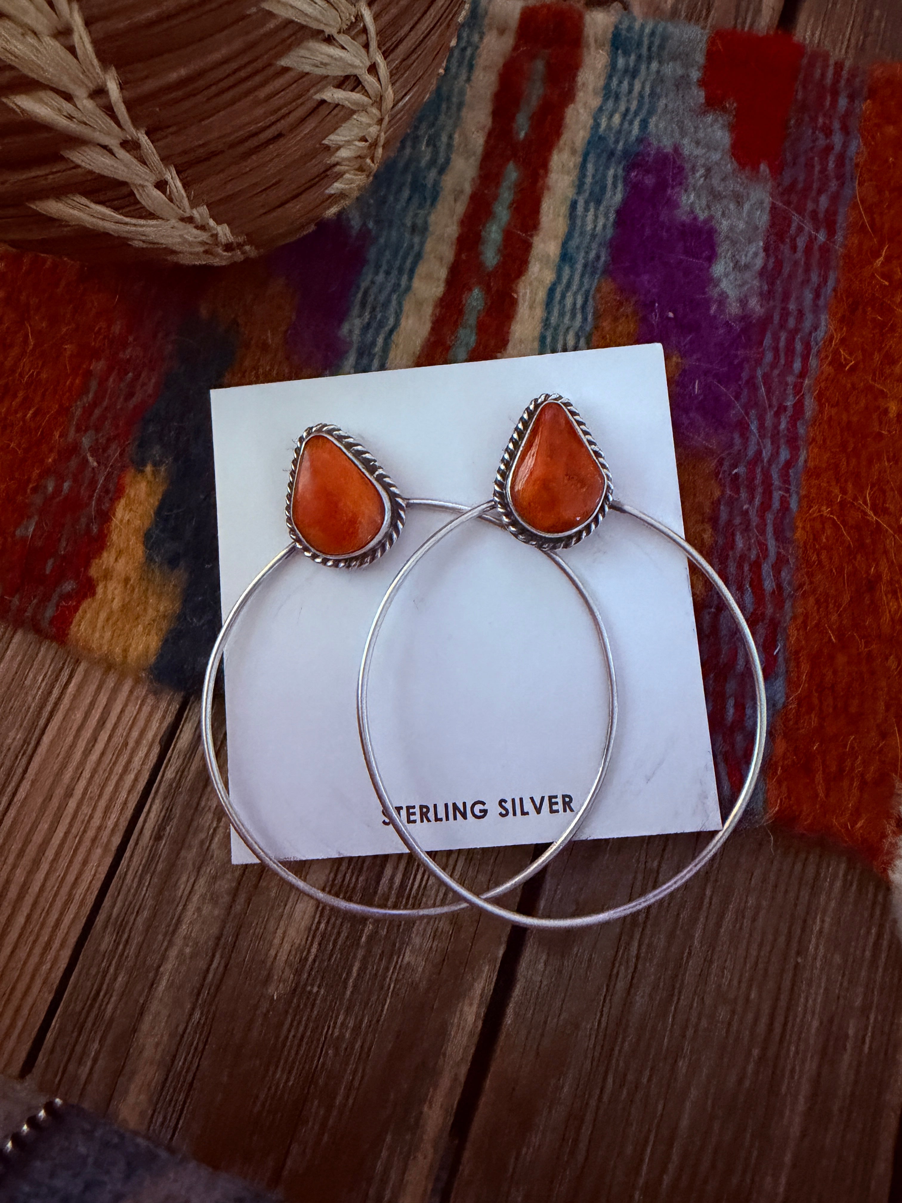 Handcrafted Orange Spiny and Sterling Silver Dangle Hoop Earrings by Elouise Kee