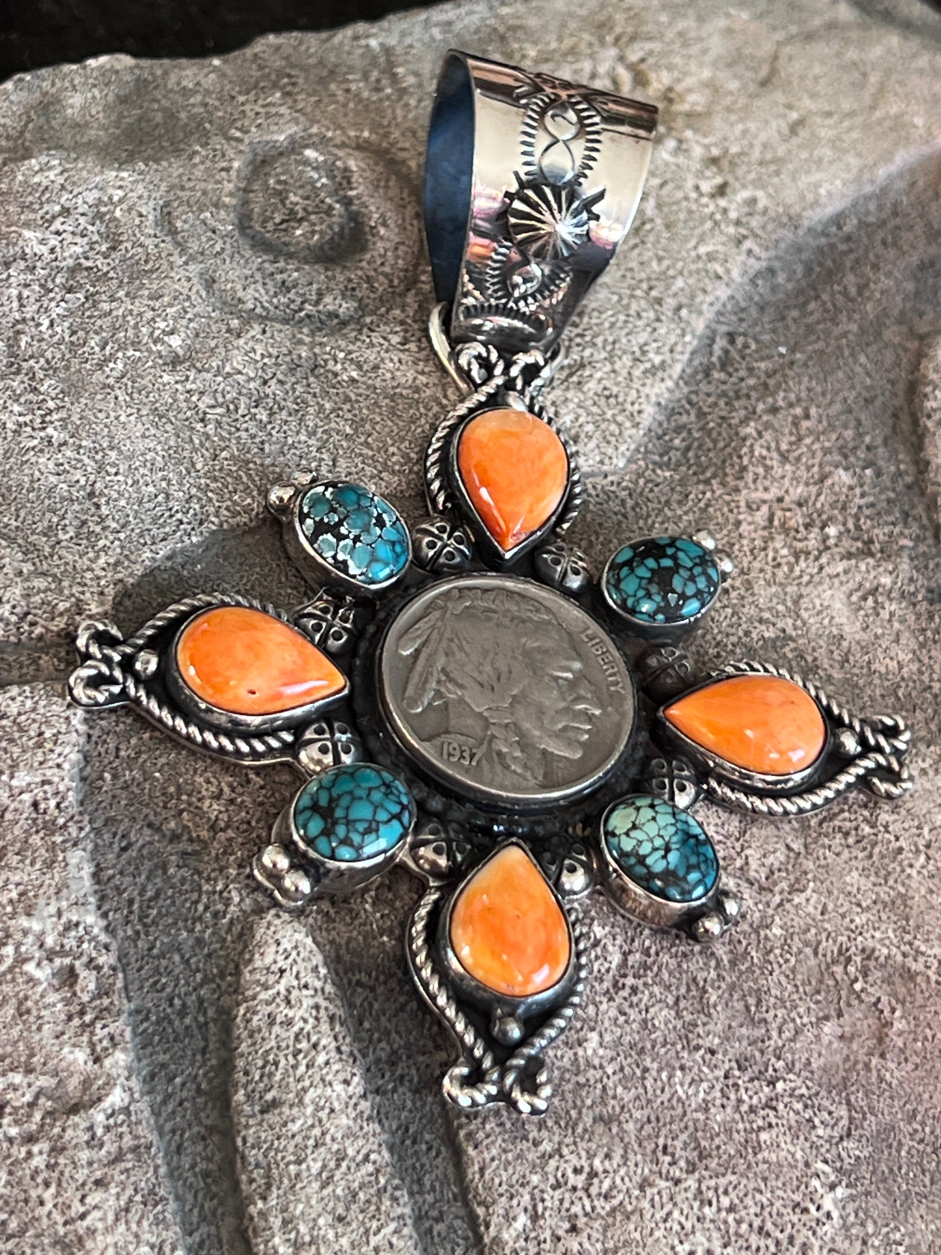 Rosella Paxson Sterling Silver, Buffalo Nickel, Hubei Turquoise & Spiny Oyster Cluster Pendant
