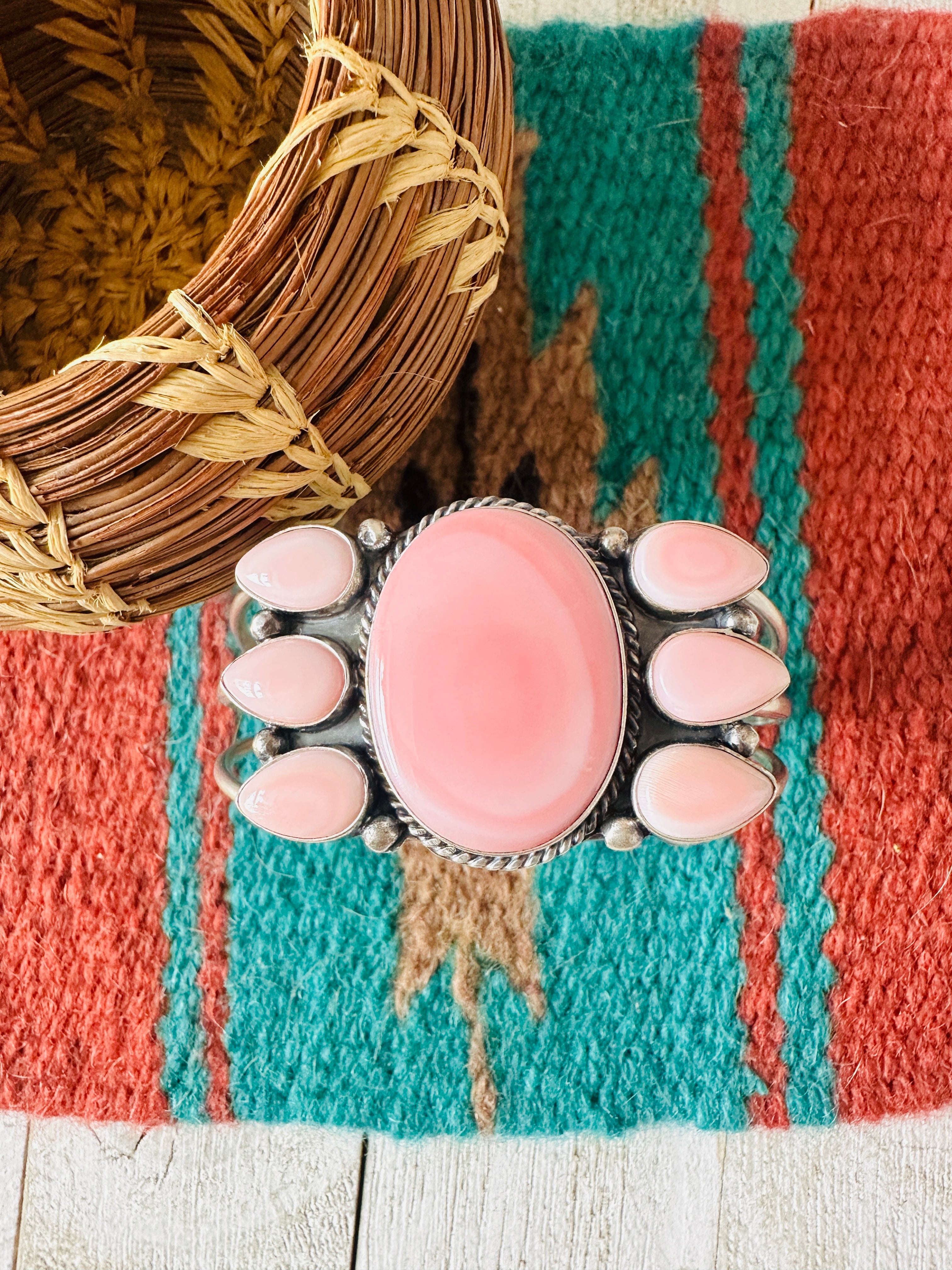 Navajo Queen Pink Conch Shell & Sterling Silver Cluster Cuff Bracelet