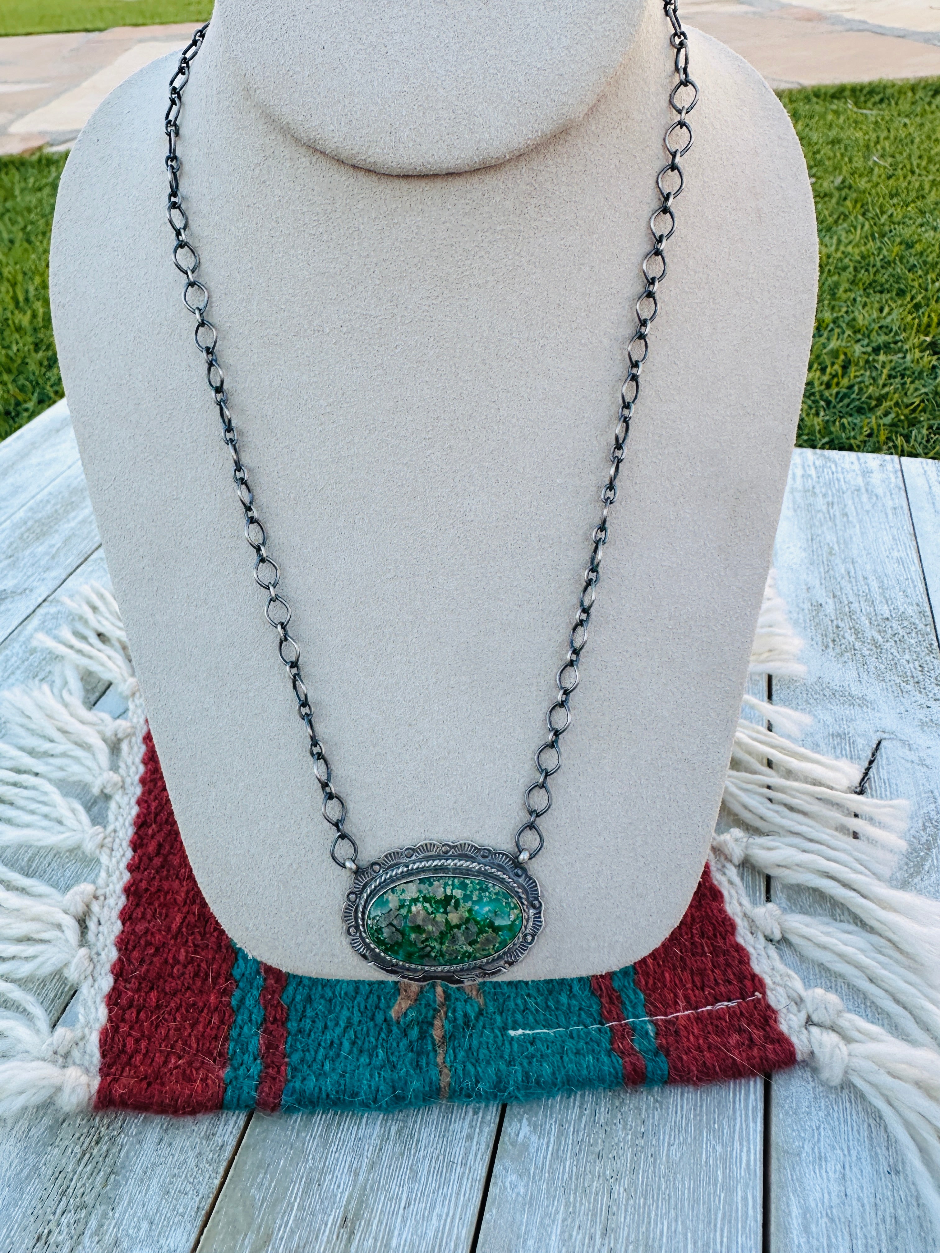 Handcrafted Sterling Silver 18” Link Chain & Turquoise Necklace