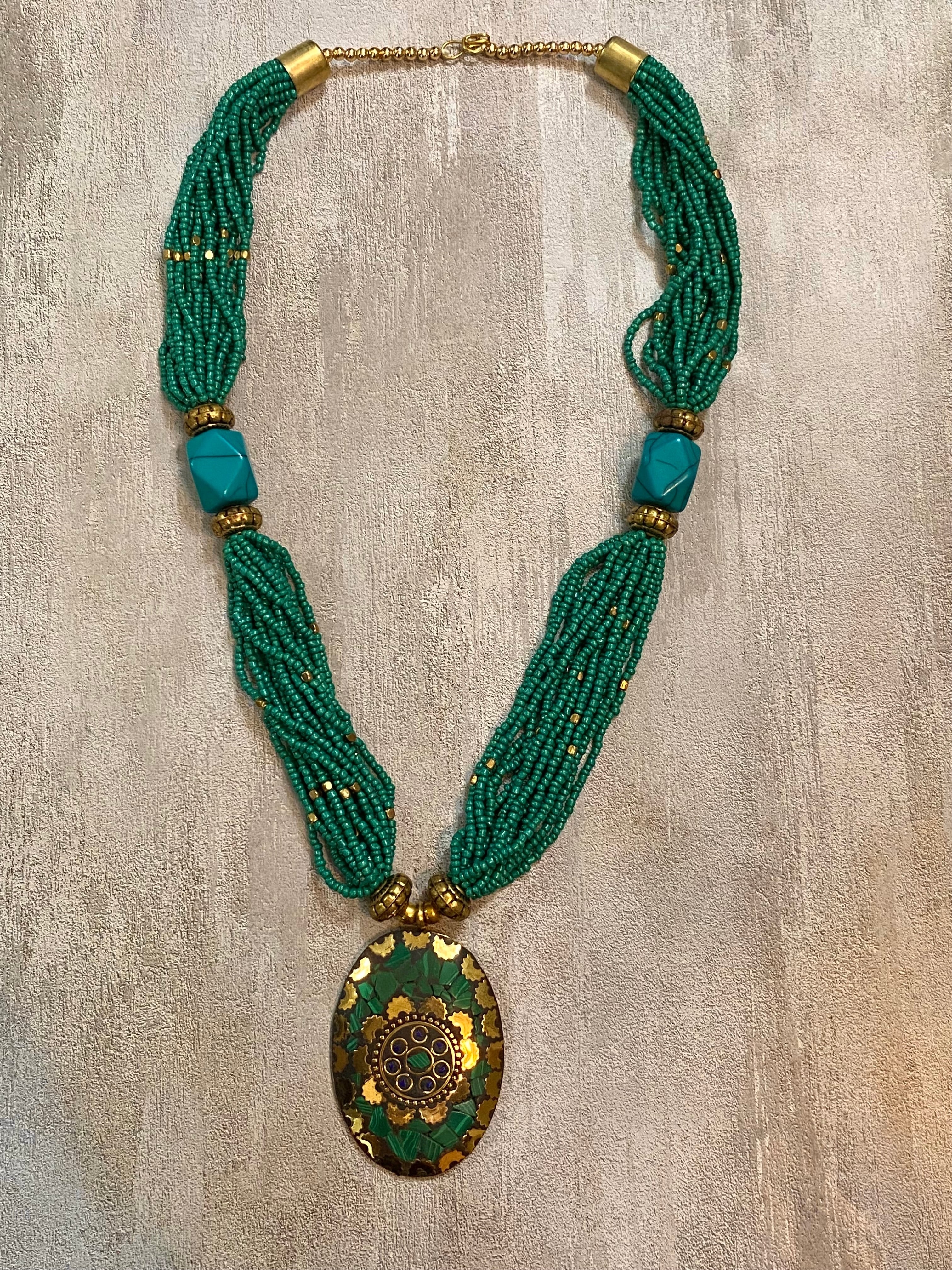 Gold Tone Bohemian Turquoise Colored Beaded Statement Necklace