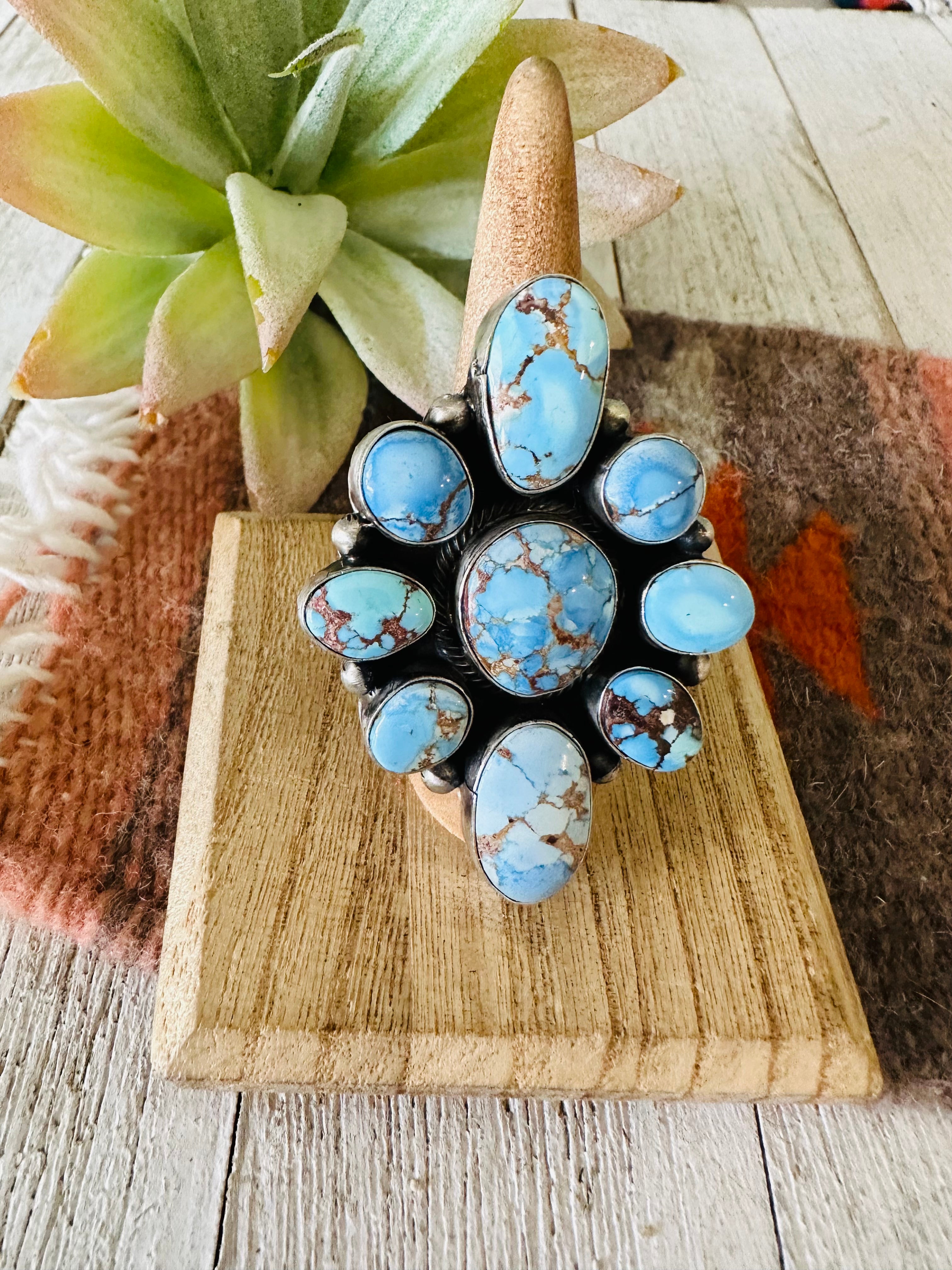 Navajo Golden Hills Turquoise & Sterling Silver Cluster Ring Size 8